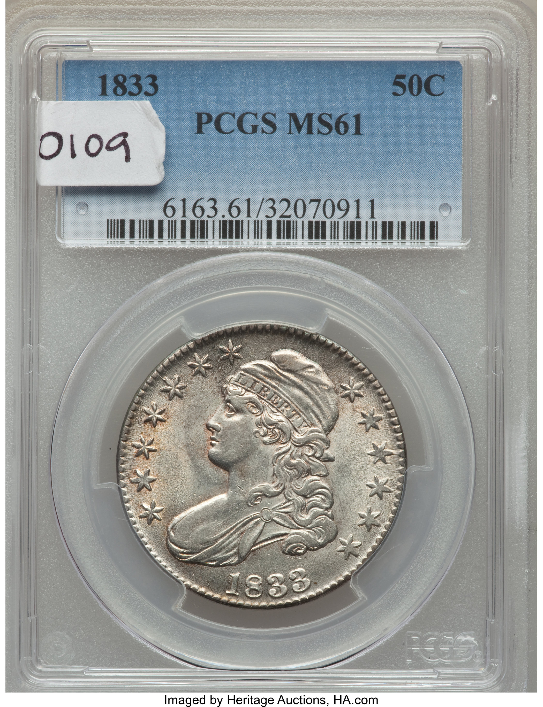 image for: 1833 50C O-109, R.3, MS61 PCGS. PCGS Population: (1/4). NGC Census: (2/4).  Mintage 5,206,000.From The Southeast Kans...