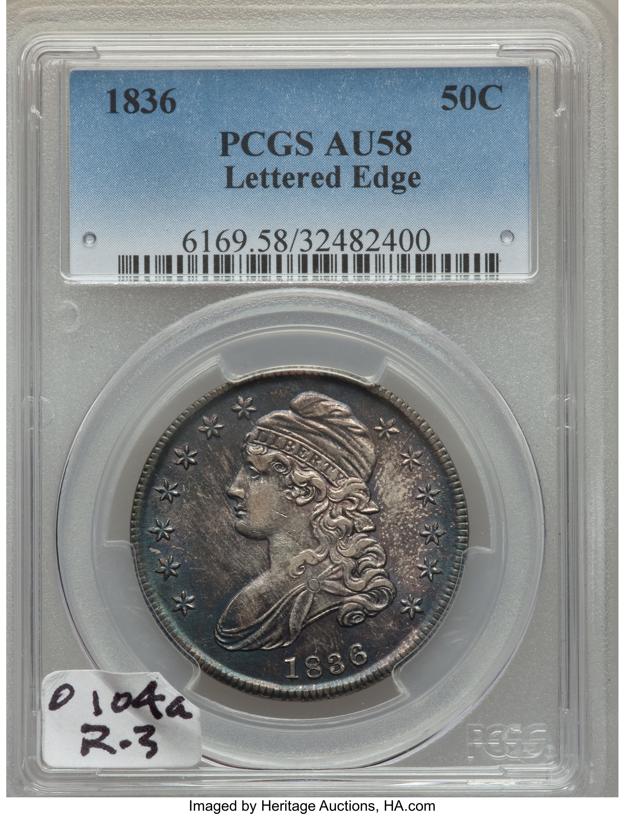 image for: 1836 50C Lettered Edge, O-104a, R.3, AU58 PCGS. PCGS Population: (4/2). NGC Census: (3/2). CDN: $825 Whsle. Bid for problem...