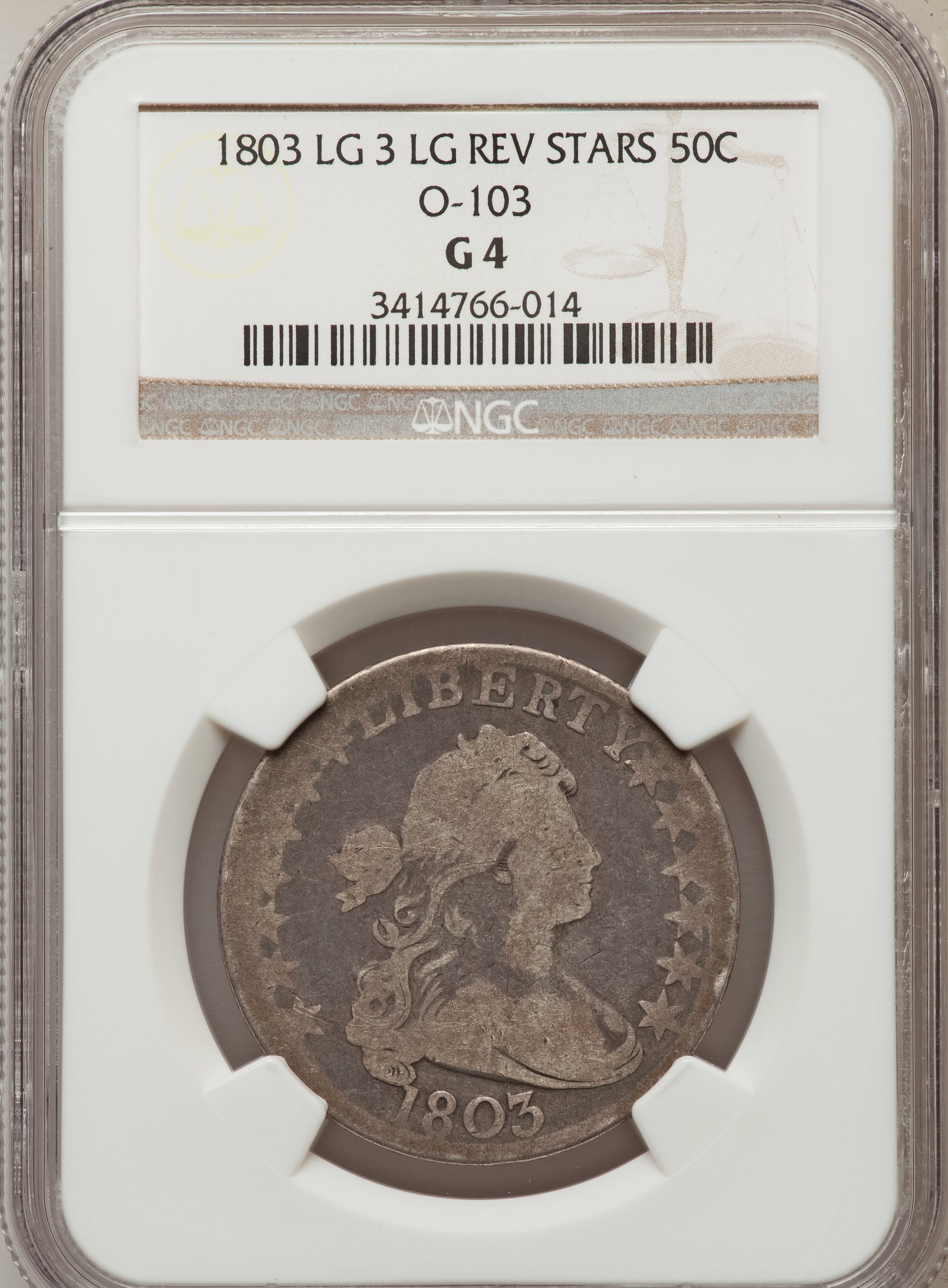 image for: 1803 50C Large 3, Large Reverse Stars O-103, R.3 Good 4 NGC. NGC Census: (0/0). PCGS Population (0/8).   (#39273)...