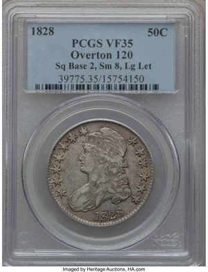 image for: 1828 50C Square Base 2, Small 8, Large Letters, Overton-120, R.1 VF35 PCGS. PCGS Population (0/0). NGC Census: (0/0)....