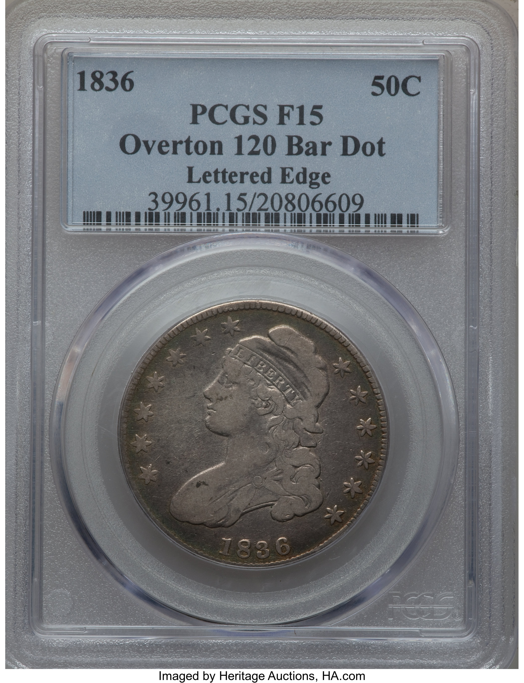 image for: 1836 50C Lettered Edge, Bar Dot, O-120, Low R.4 Fine 15 PCGS. PCGS Population (0/0). NGC Census: (0/0).  ...