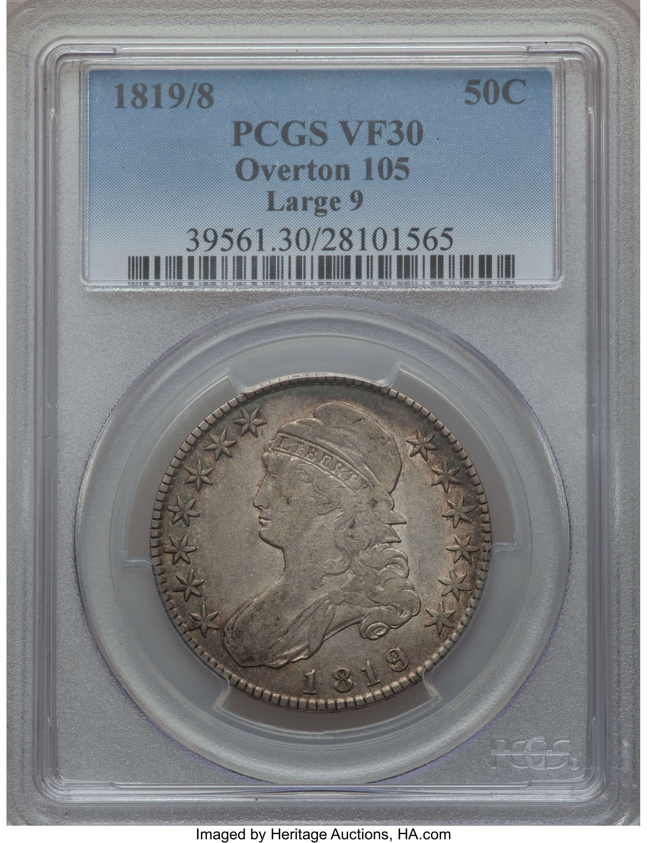 image for: 1819/8 50C Large 9, O-105, R.2, VF30 PCGS. PCGS Population (0/0). NGC Census: (0/0).  ...