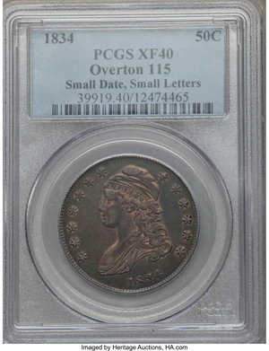 image for: 1834 50C Small Date, Small Letters, O-115 XF40 PCGS. PCGS Population (0/0). NGC Census: (0/0). ...