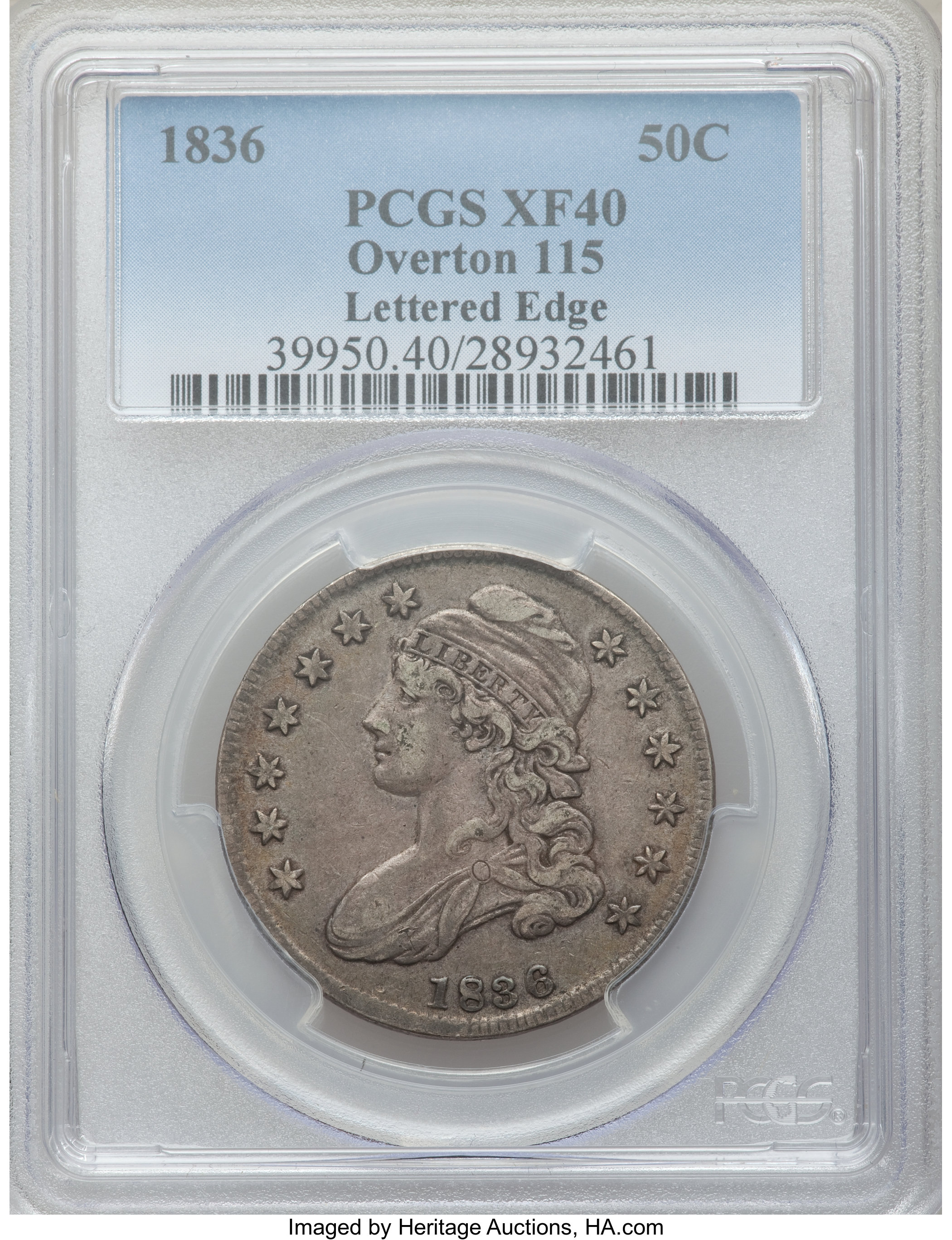 image for: 1836 50C Lettered Edge, O-115 XF40 PCGS. PCGS Population (1/3). NGC Census: (0/0)....