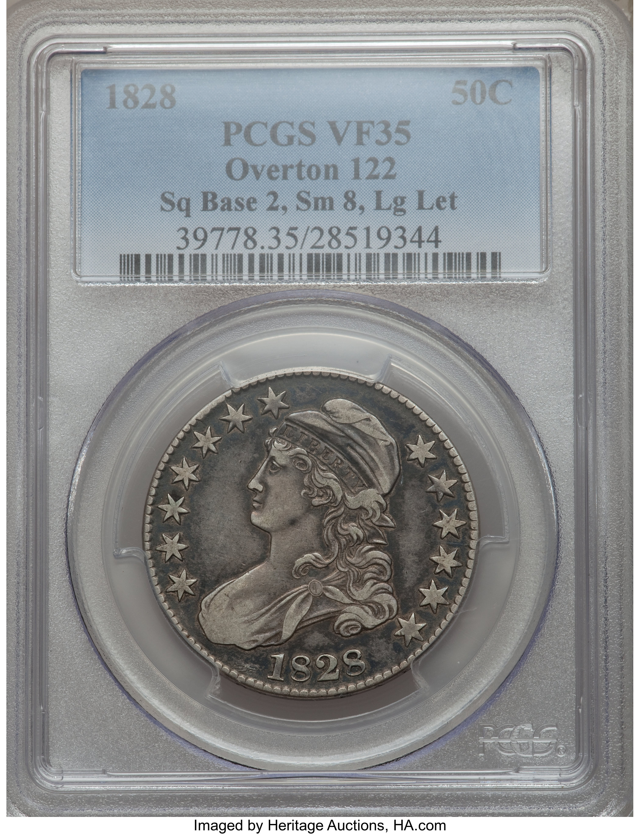 image for: 1828 50C Large Letters, Square Base 2, Small 8 VF35 PCGS. O-122. PCGS Population (0/0). NGC Census: (0/0)....