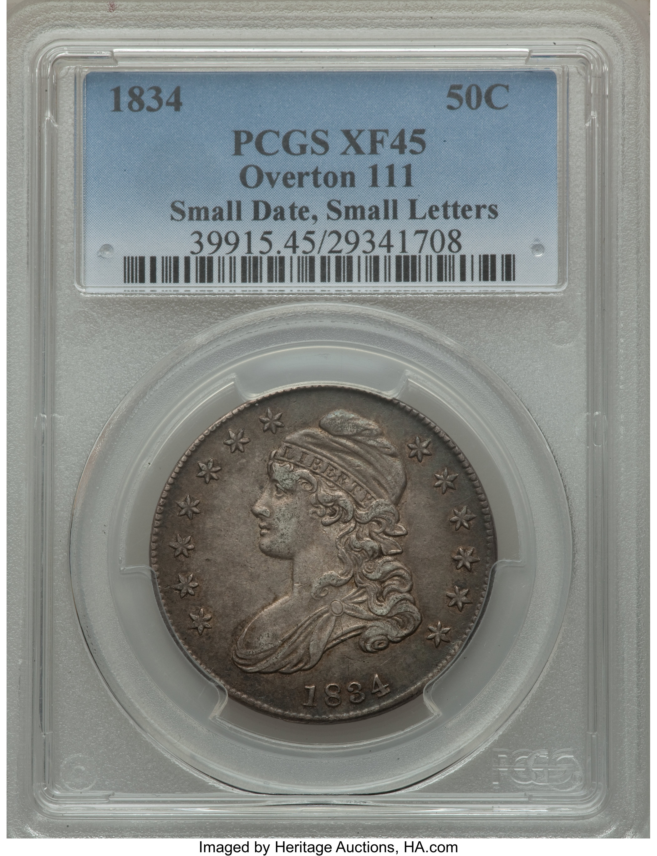 image for: 1834 50C Small Date,Small Letters,O-111 XF45 PCGS. PCGS Population (3/7). NGC Census: (0/0).  ...