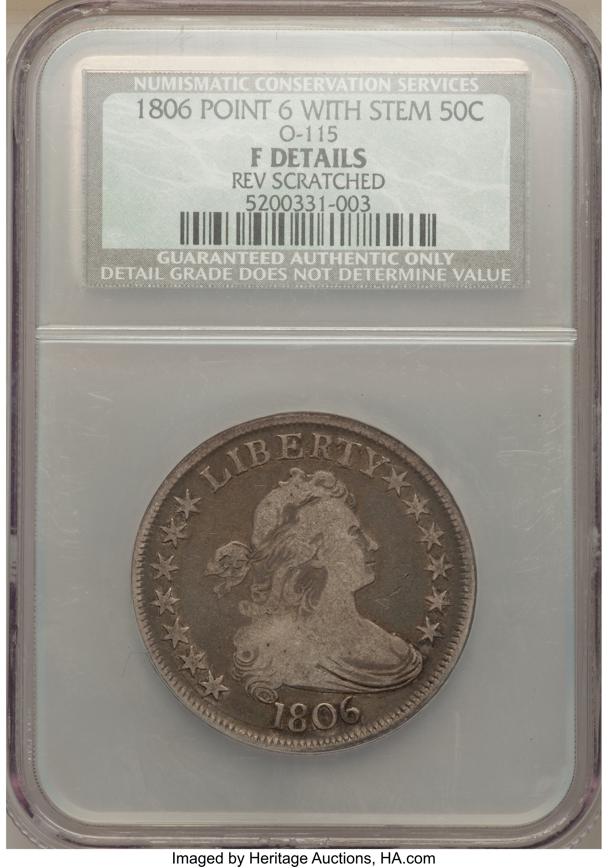 image for: 1806 50C Pointed 6, Stem, O-115, R.1, -- Reverse Scratched -- NCS. Fine Details. NGC Census: (2/29). PCGS Population (2/9)....
