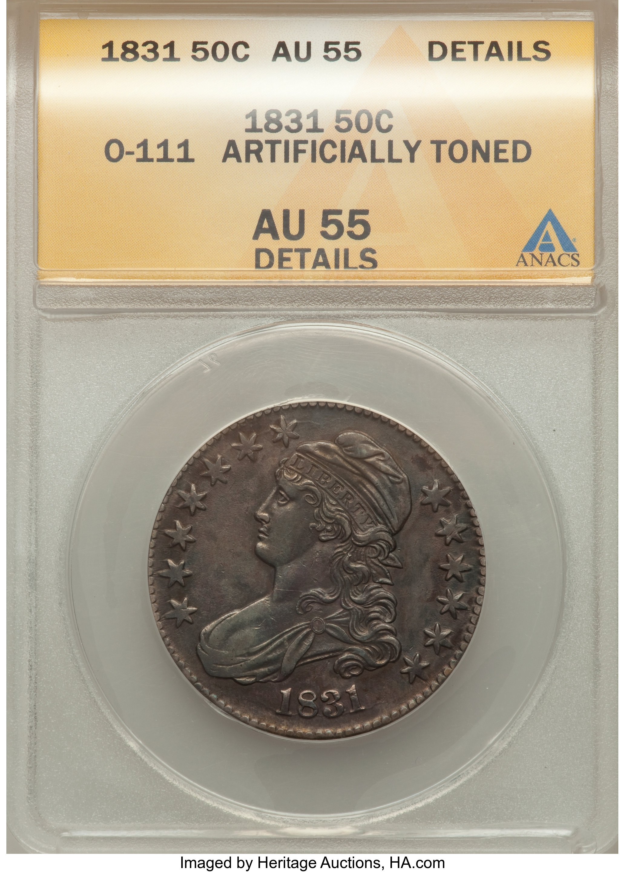 image for: 1831 50C O-111, R.1, -- Artificially Toned -- ANACS. AU55 Details. NGC Census: (7/10). PCGS Population (3/5).  ...
