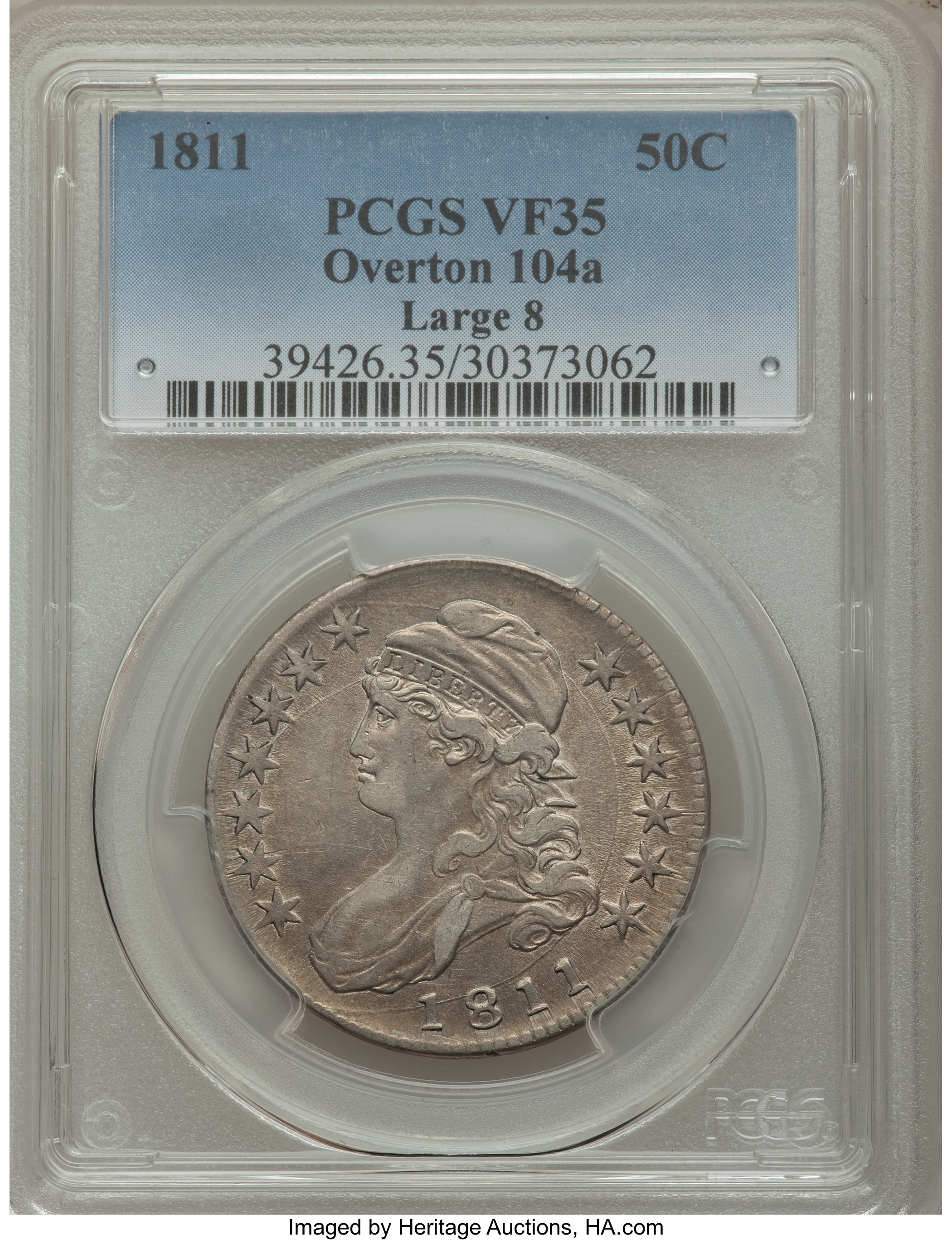 image for: 1811 50C Large 8, O-104a, R.1, VF35 PCGS. PCGS Population (1/9). NGC Census: (3/20). Mintage: 1,203,644. ...