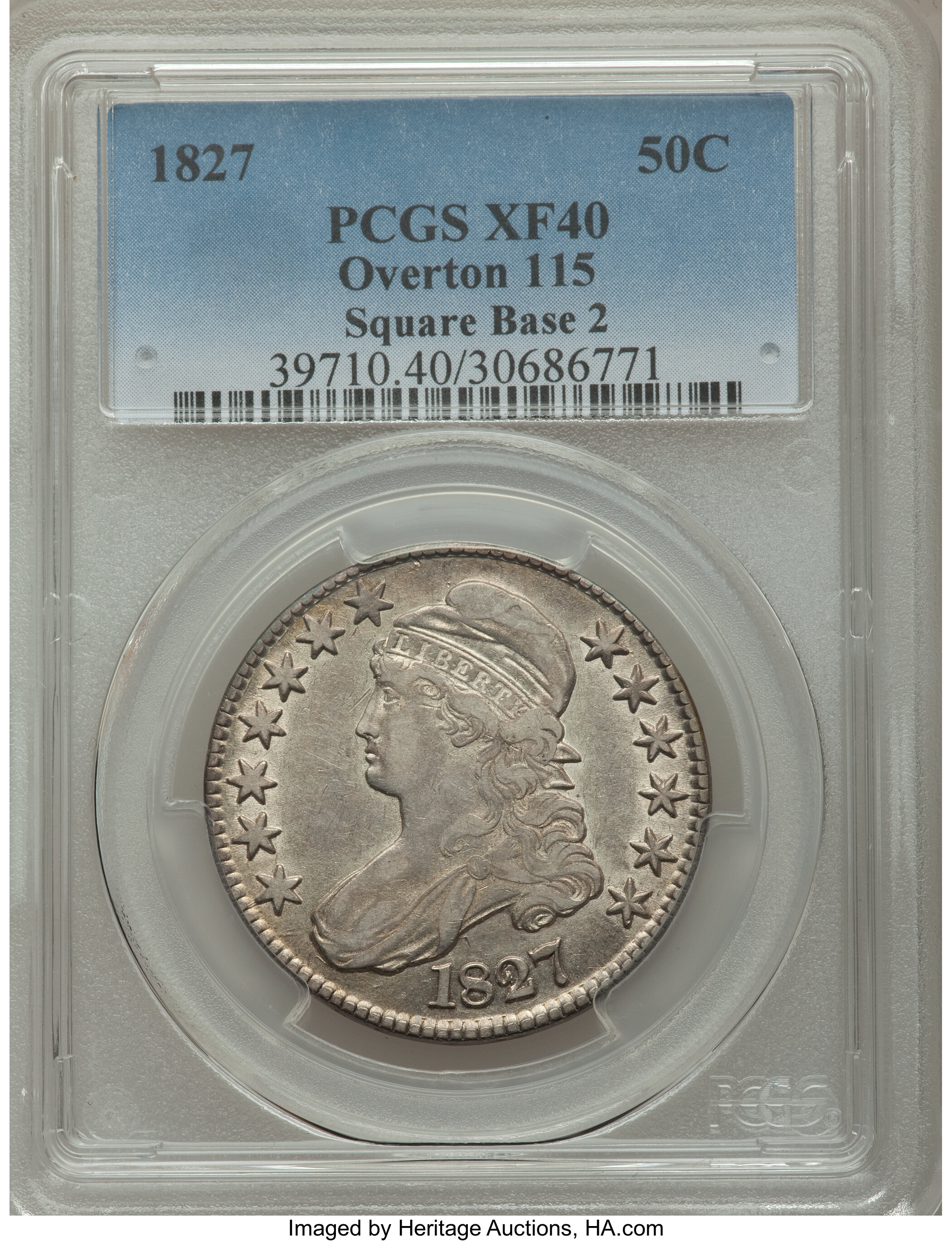 image for: 1827 50C Square Base 2, O-115, R.2, XF40 PCGS. PCGS Population (2/7). NGC Census: (2/15). Mintage: 5,493,400. ...