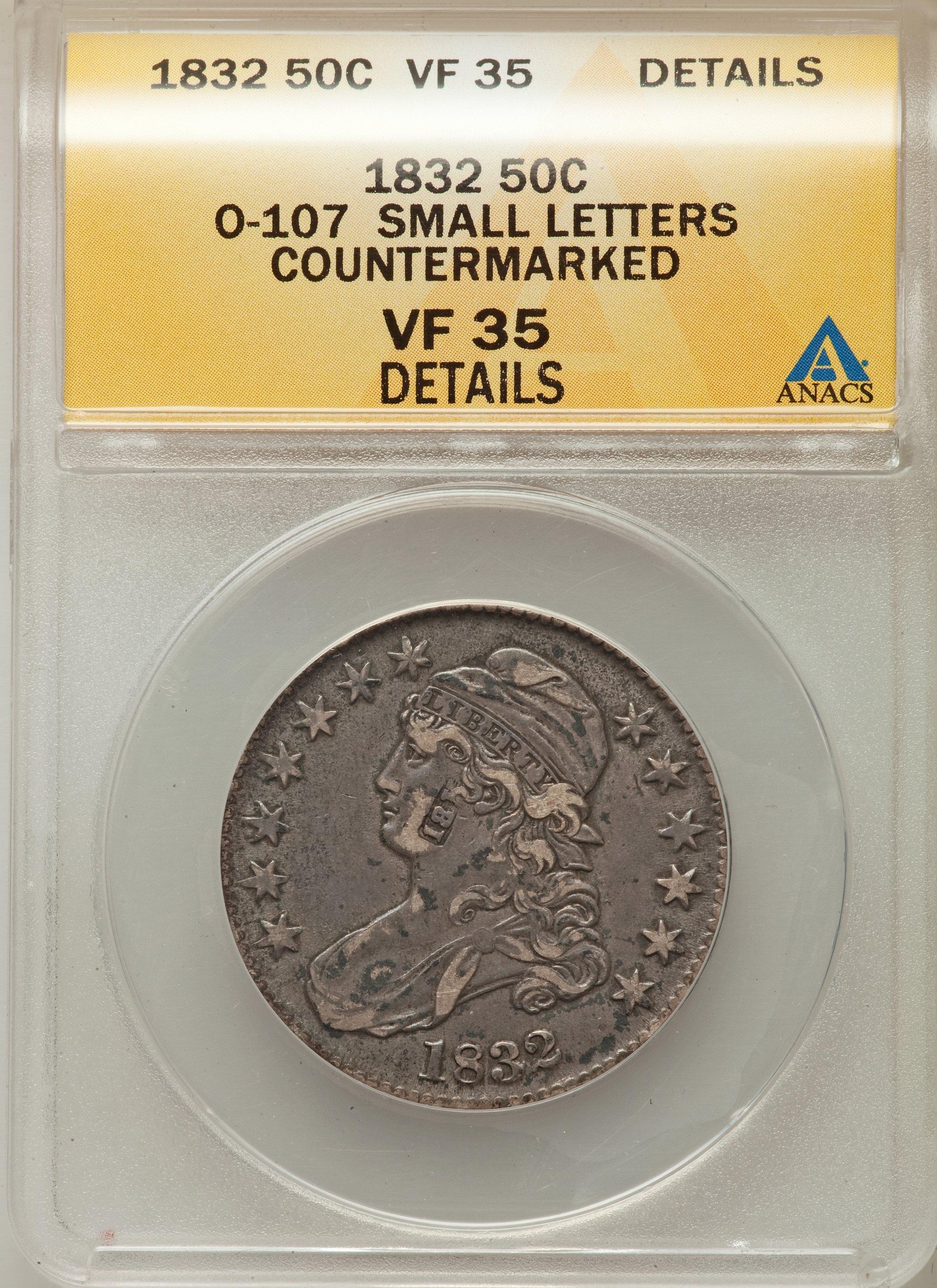 image for: 1832 50C Small Letters, O-107, R.2, -- Countermarked -- ANACS. VF35 Details. NGC Census: (3/23). PCGS Population: (0/9)...