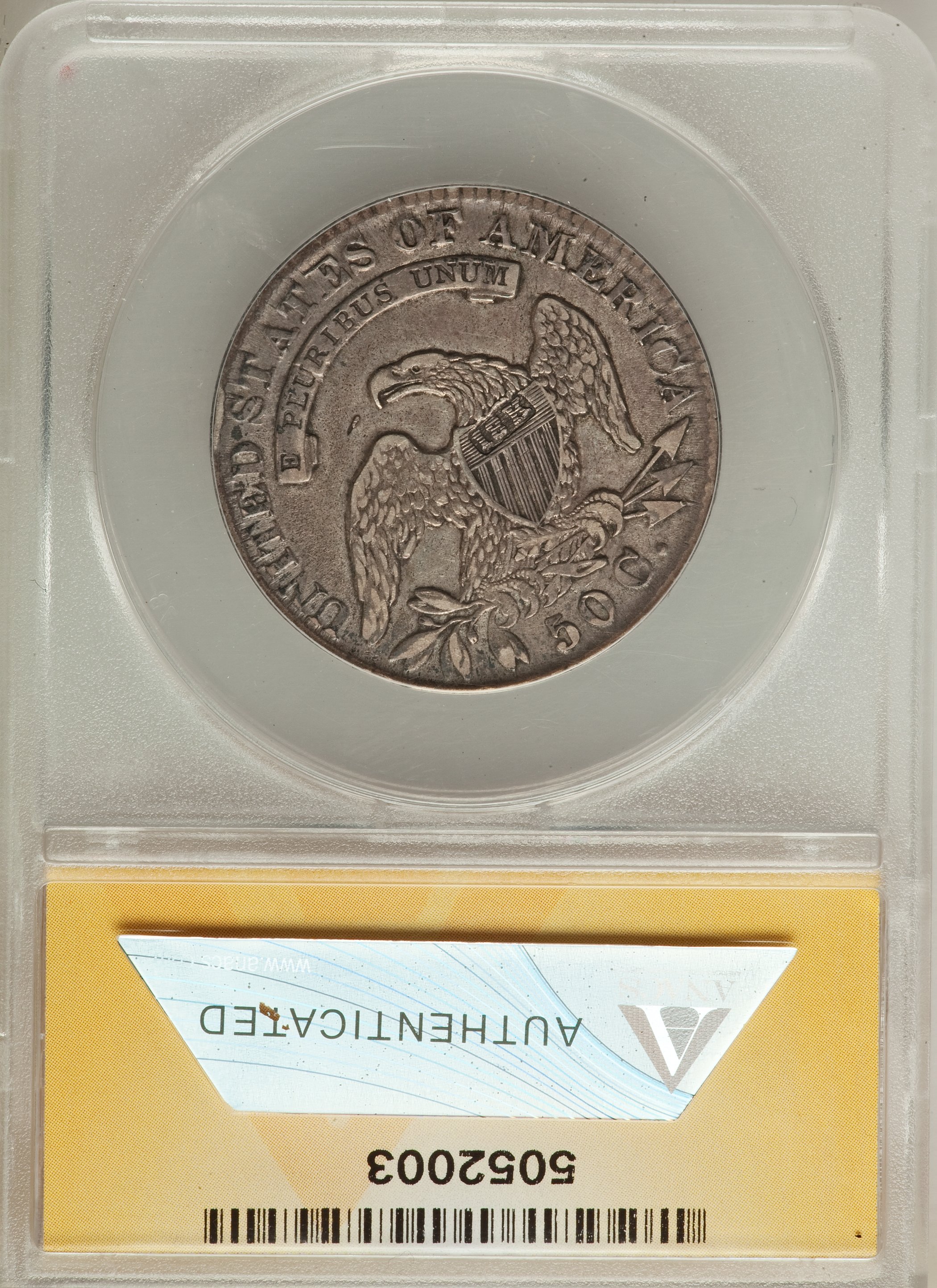 image for: 1832 50C Small Letters, O-107, R.2, -- Countermarked -- ANACS. VF35 Details. NGC Census: (3/23). PCGS Population: (0/9)...