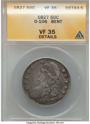 image for: 1827 50C Square Base 2, O-106, R.2, -- Bent -- ANACS. O-106. NGC Census: (1/41). PCGS Population: (3/22). ...