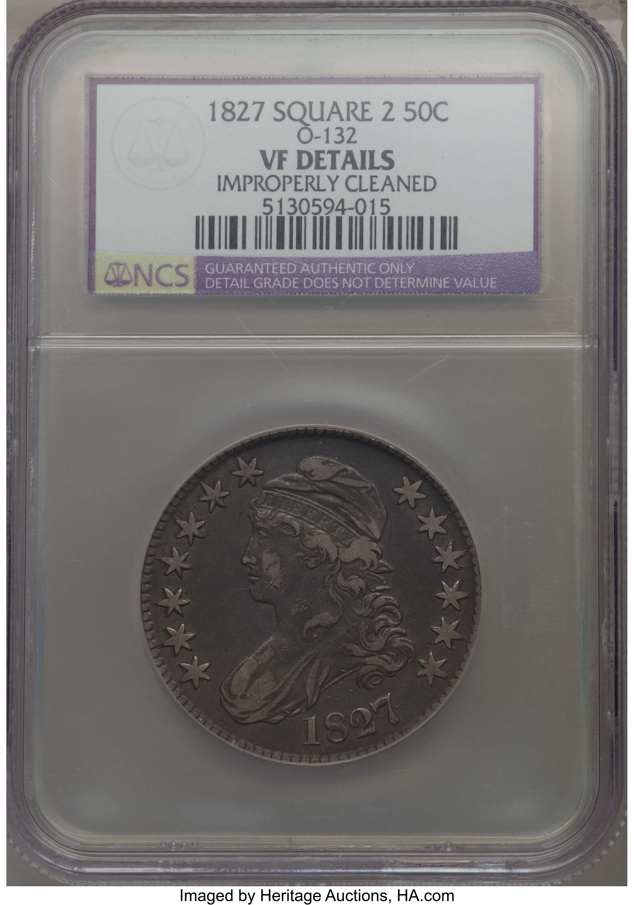 image for: 1827 50C Square Base 2, O-132, R.3, VF20 NCS. VF. NGC Census: (0/14). PCGS Population: (0/9). CDN: $75 Whsle. Bid for probl...