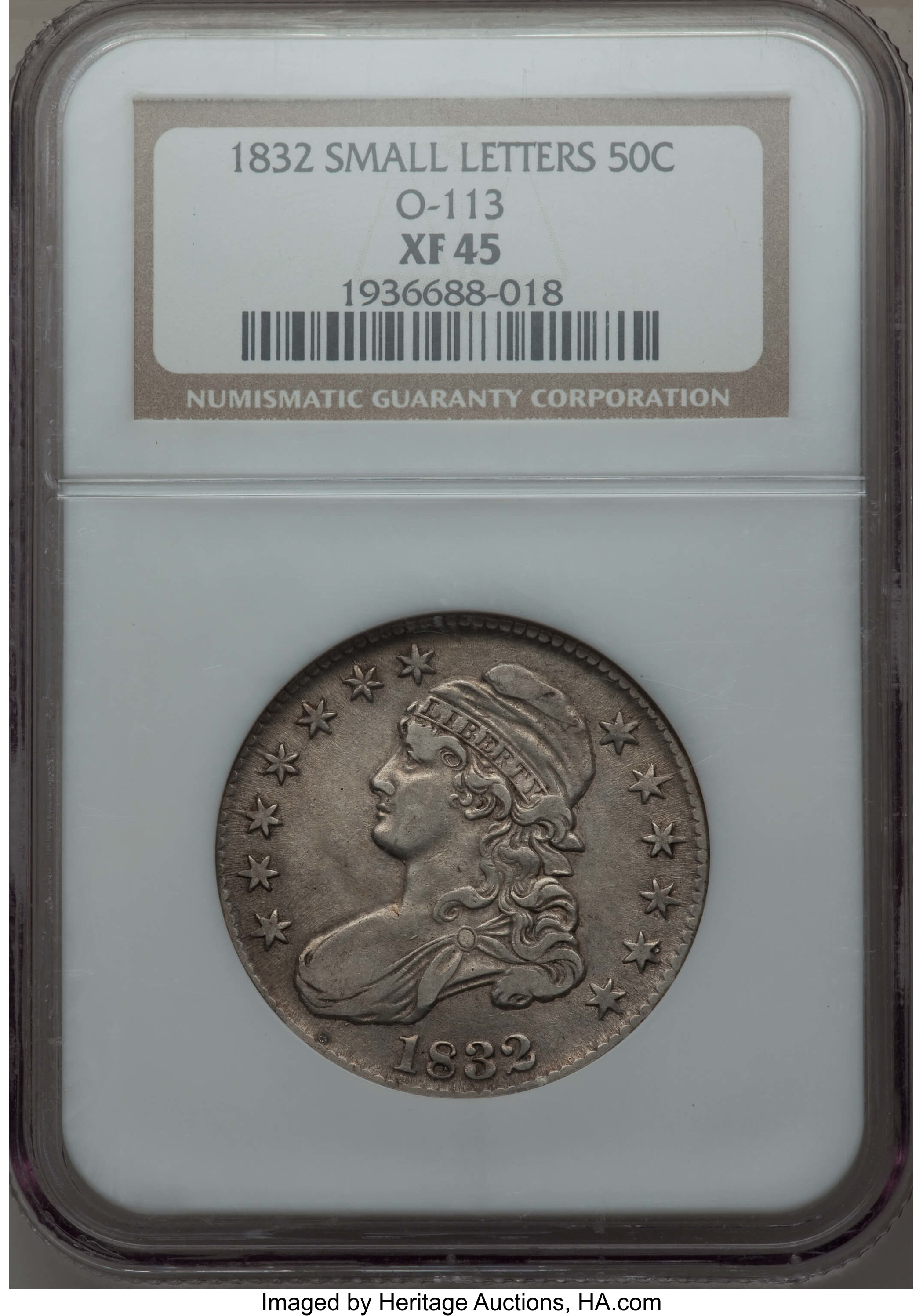 image for: 1832 50C Small Letters, O-113, R.2, XF45 NGC. NGC Census: (3/12). PCGS Population: (0/7).  Mintage 4,797,000. ...