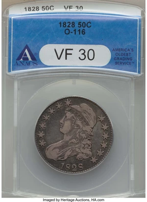 image for: 1828 50C Square Base 2, Small 8s, Large Letters, O-116, R.2, VF30 ANACS. PCGS Population: (2/21). NGC Census: (2/24)....
