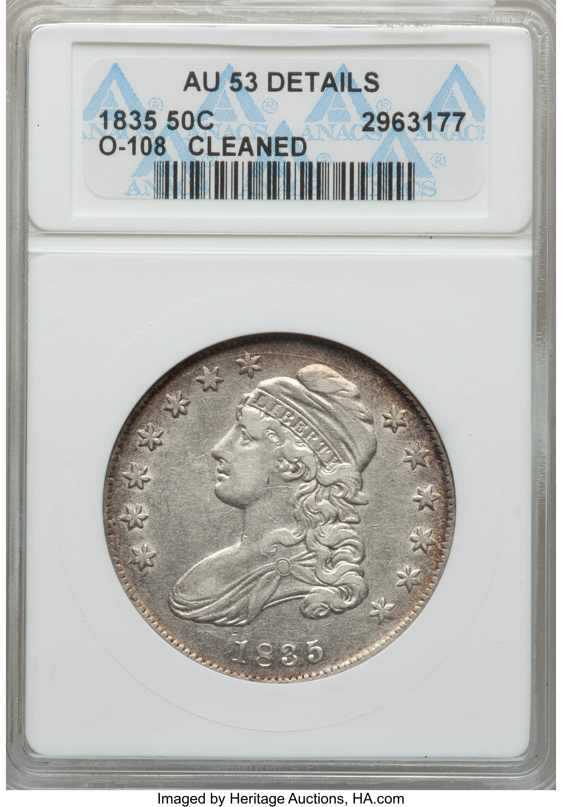 image for: 1835 50C O-108, R.3, -- Cleaned -- ANACS. AU53 Details. NGC Census: (3/14). PCGS Population: (0/7).  Mintage 5,352,006....