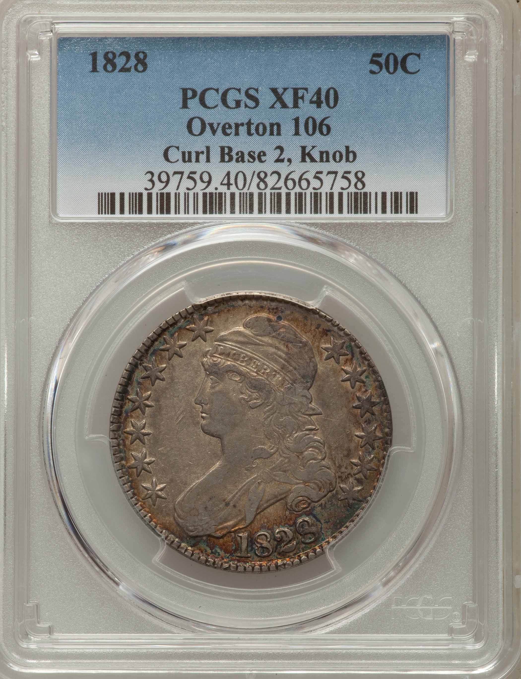 image for: 1828 50C Curl Base 2, Knob, O-106, High R.4, XF40 PCGS. PCGS Population: (4/7). NGC Census: (3/11). CDN: $130 Whsle. Bid fo...