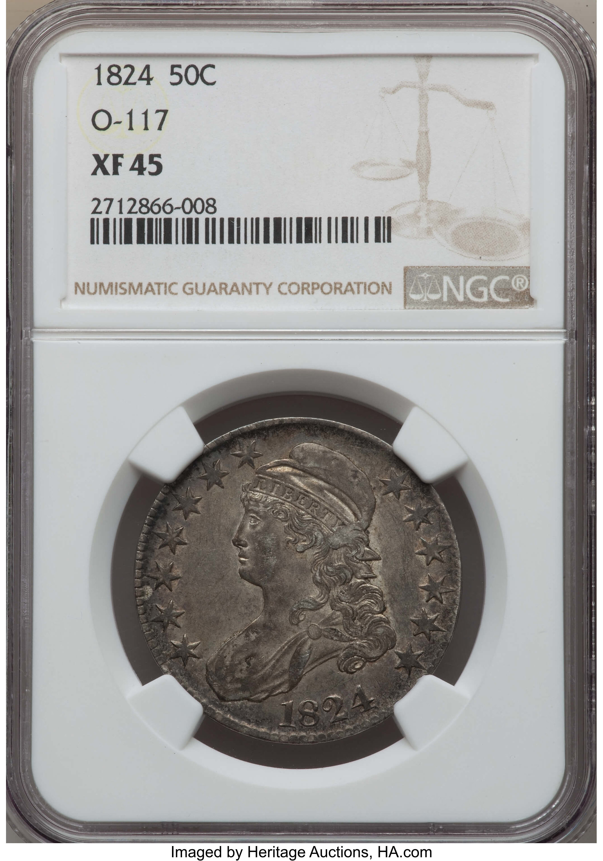 image for: 1824 50C O-117, R.1, XF45 NGC. NGC Census: (5/24). PCGS Population: (4/9).  Mintage 3,504,954. ...