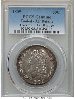 image for: 1809 50C III Edge, O-111a, R.2, -- Tooled -- PCGS Genuine. XF Details. NGC Census: (0/5). PCGS Population: (3/2). CDN: $130...