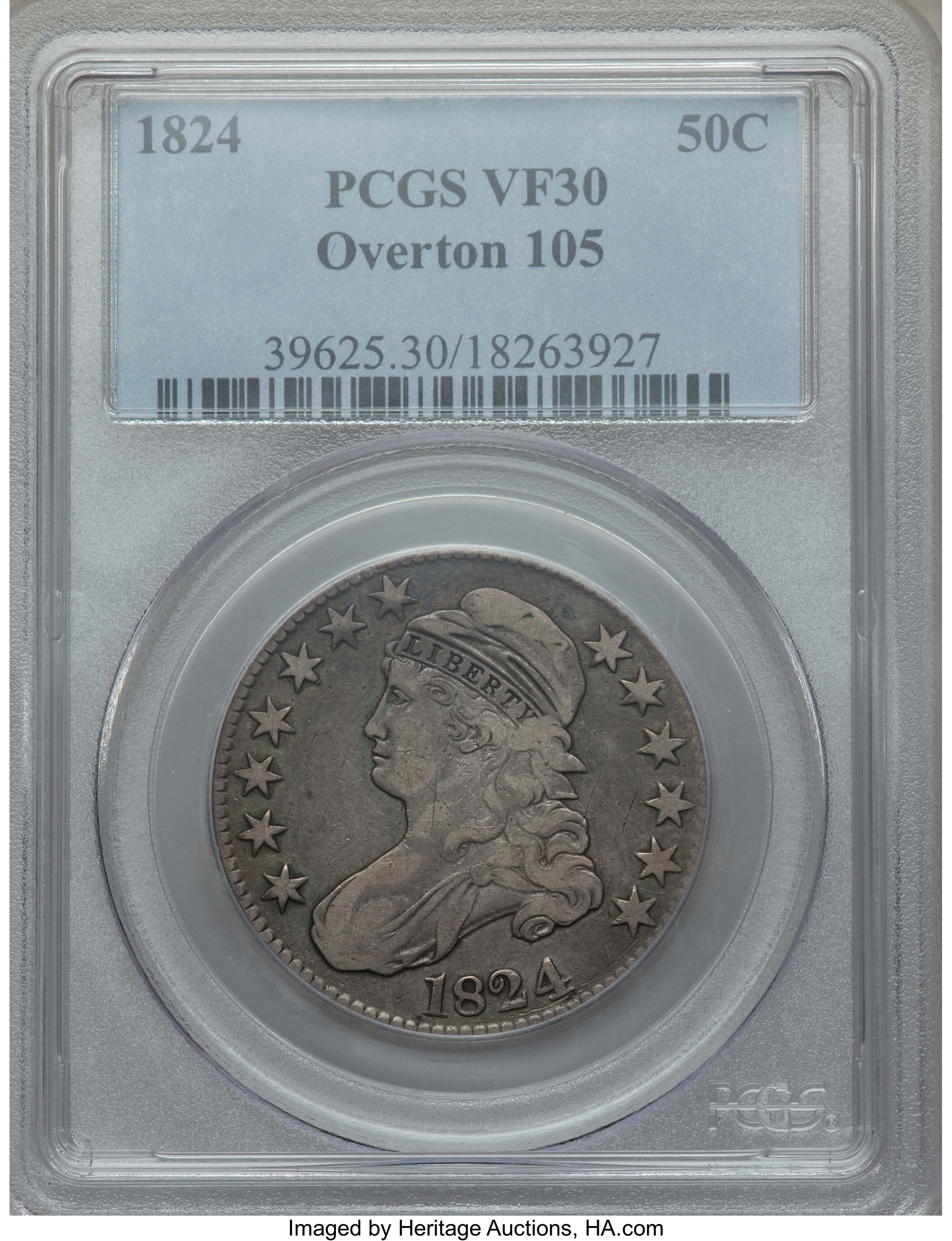 image for: 1824 50C O-105, R.2, VF30 PCGS. PCGS Population: (2/23). NGC Census: (1/30).  Mintage 3,504,954. ...