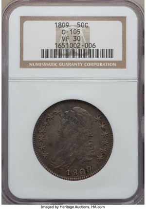 image for: 1809 50C Normal Edge, O-105, R.2, VF30 NGC. NGC Census: (2/15). PCGS Population: (2/15). ...