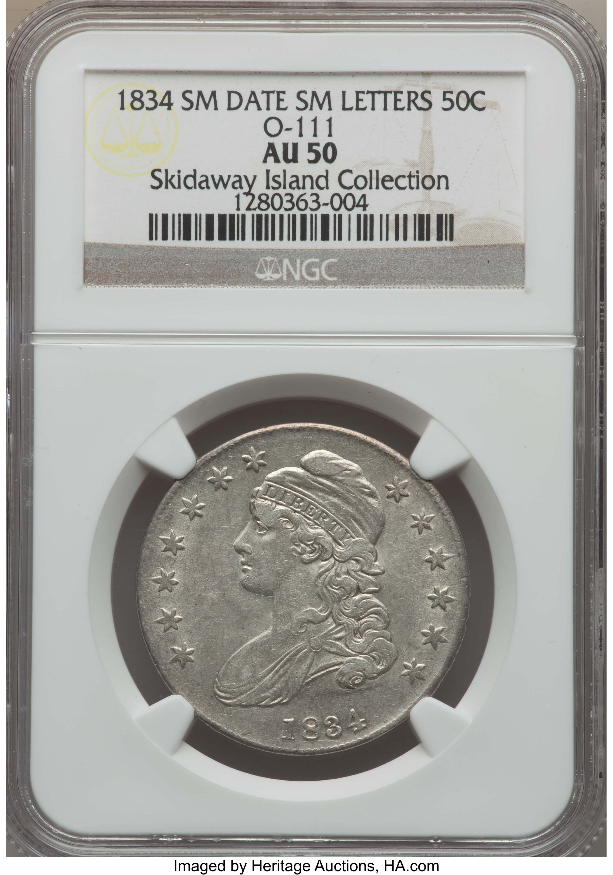 image for: 1834 50C Small Date, Small Letters, O-111, R.1, AU50 NGC. Ex: Skidaway Island Collection. NGC Census: (5/27). PCGS Populati...