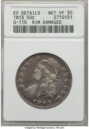 image for: 1813 50C O-110, R.1, -- Rim Damaged -- ANACS. XF Details, Net VF30. NGC Census: (3/20). PCGS Population: (4/14). Mintage 1...