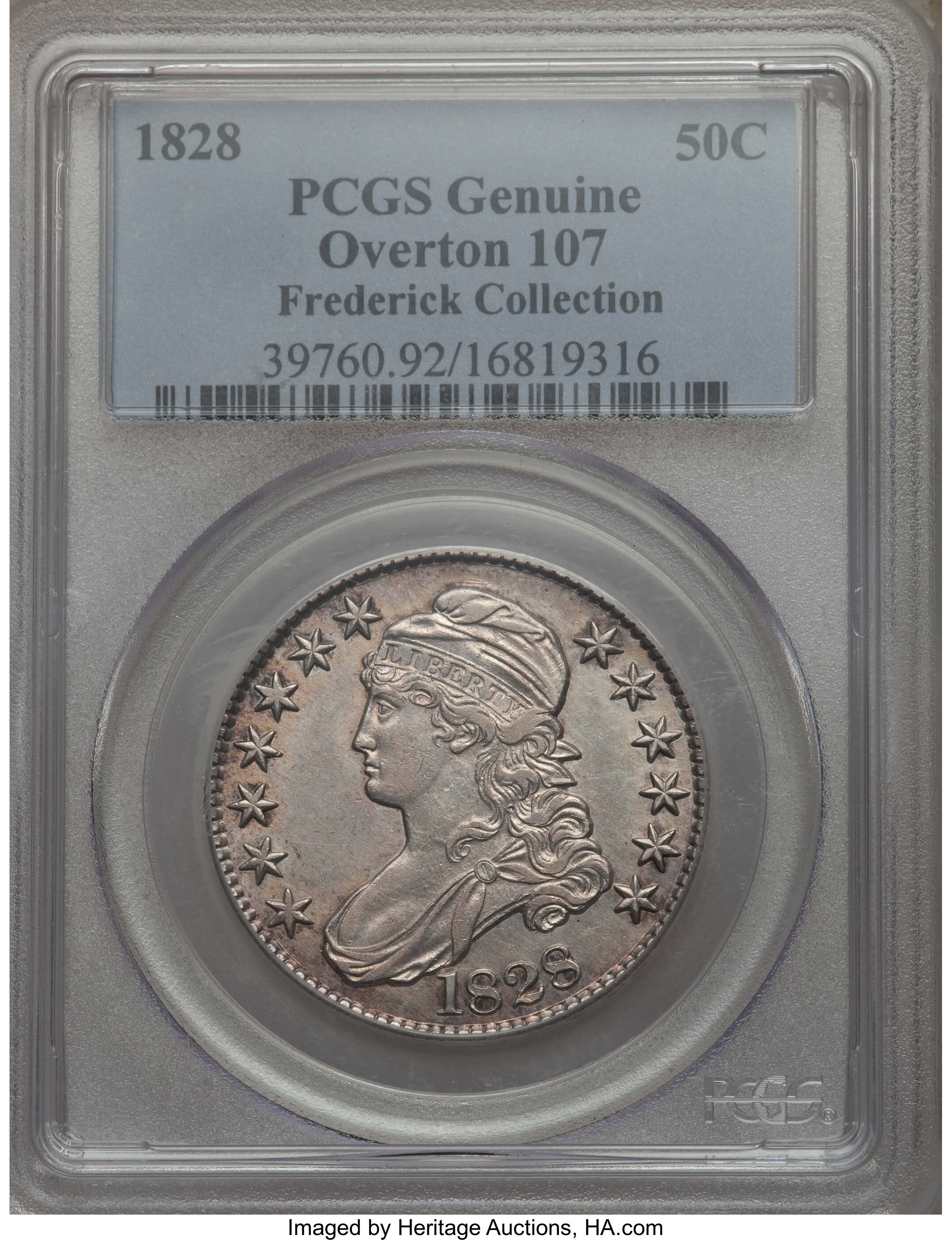 image for: 1828 50C Curl Base 2, Knob, O-107, R.2, -- Cleaning -- PCGS Genuine.  From The Donald R. Frederick Collection of Early U....