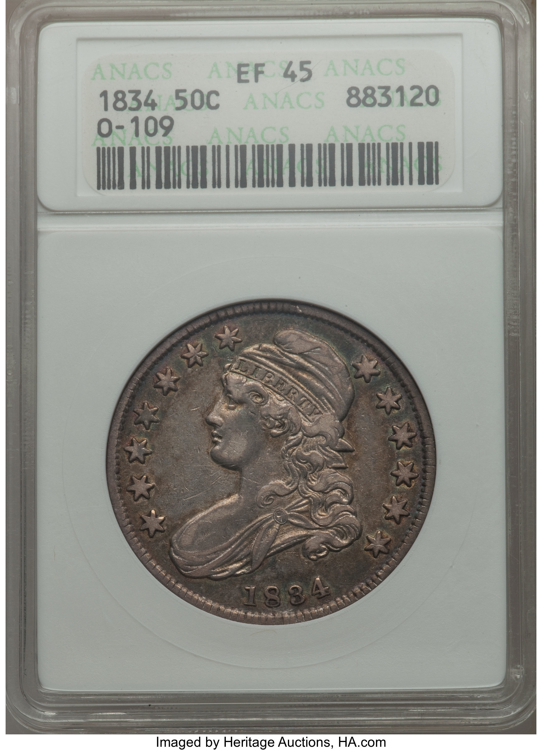 image for: 1834 50C Small Date, Small Letters, O-109, R.1, XF45 ANACS. NGC Census: (2/39). PCGS Population: (1/16).  ...