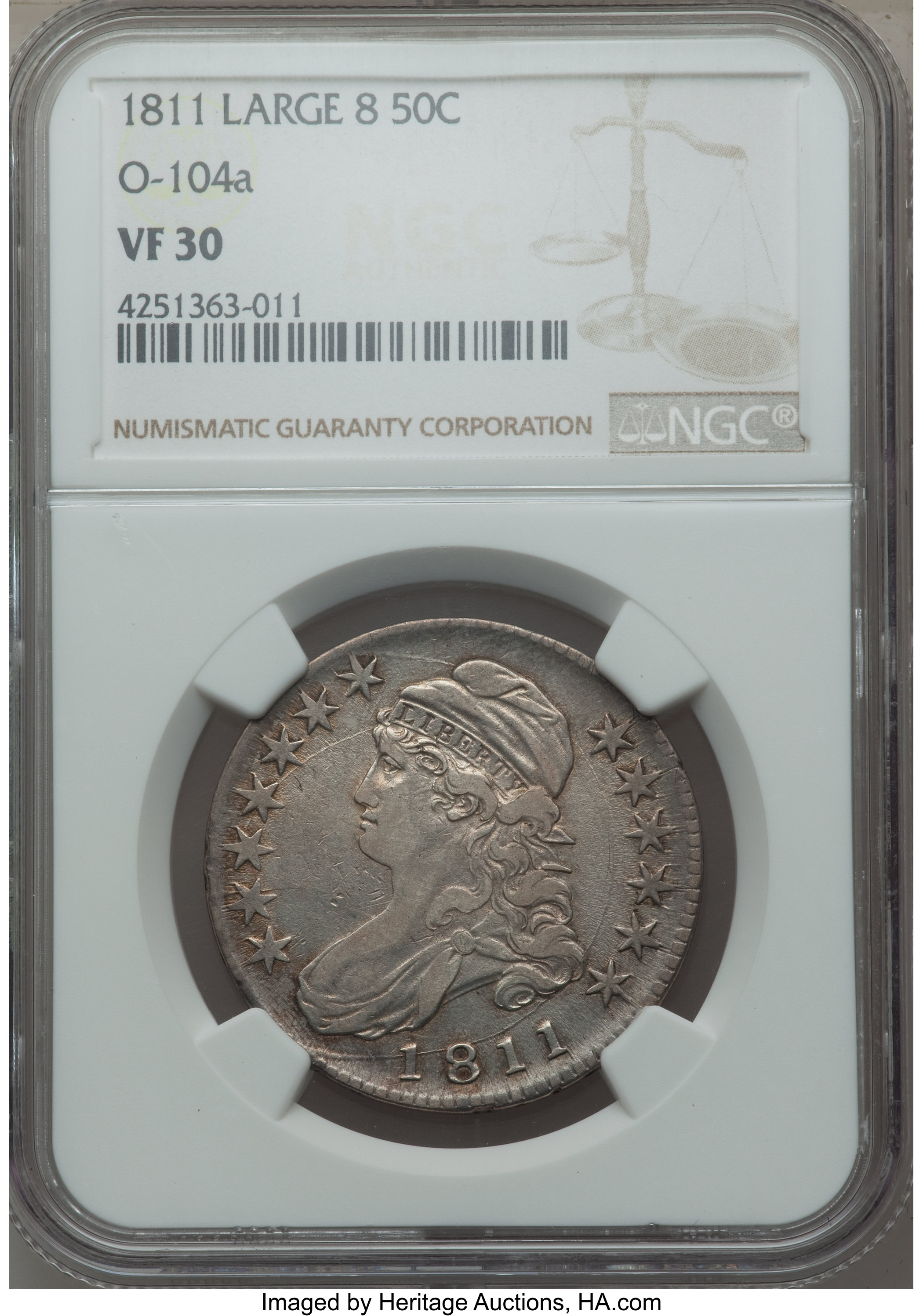 image for: 1811 50C Large 8, O-104a, R.1, VF30 NGC. NGC Census: (6/21). PCGS Population: (3/17).  Mintage 1,203,644. ...