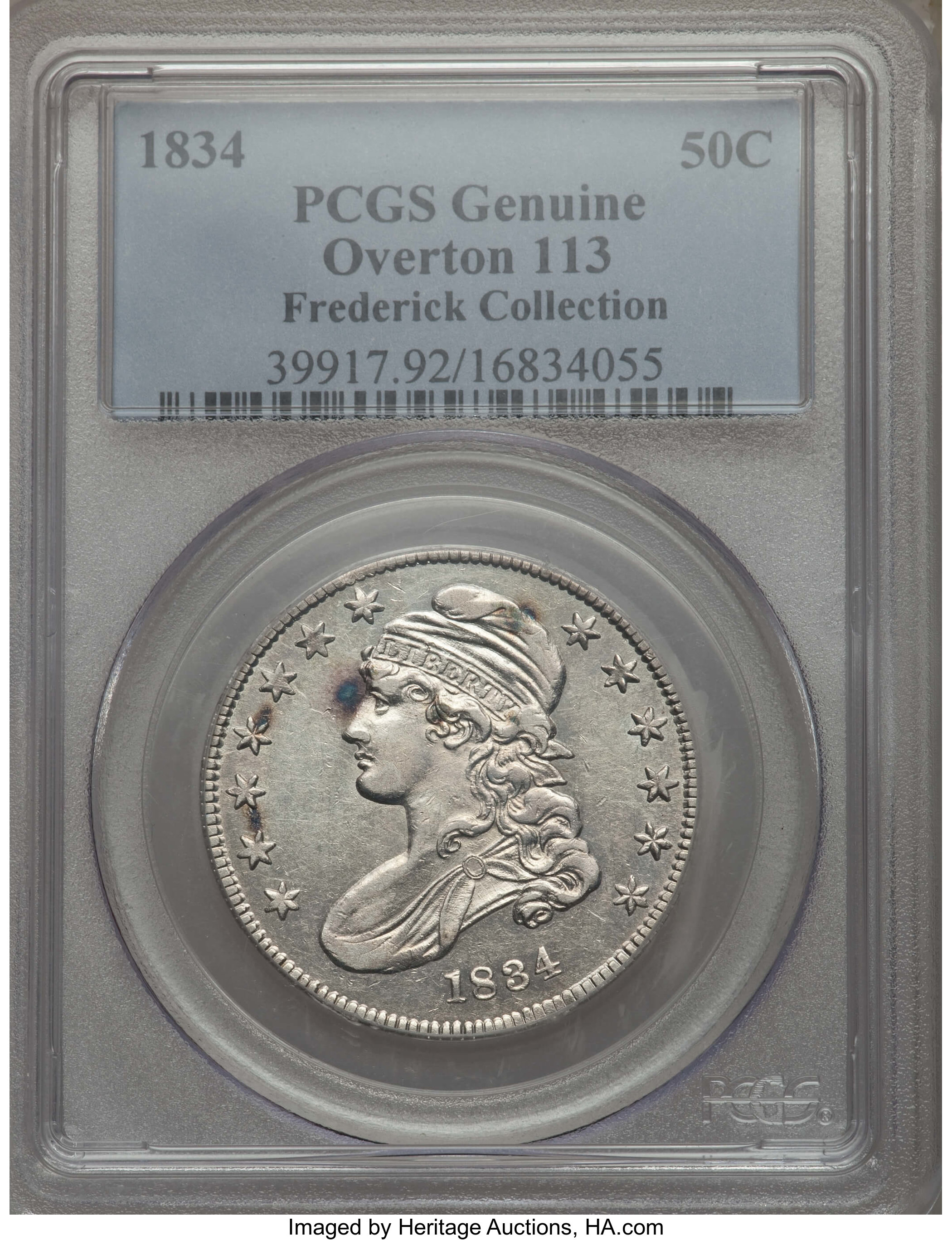 image for: 1834 50C Small Date, Small Letters, O-113, R.1, -- Cleaning -- PCGS Genuine.  From The Donald R. Frederick Collection of ...