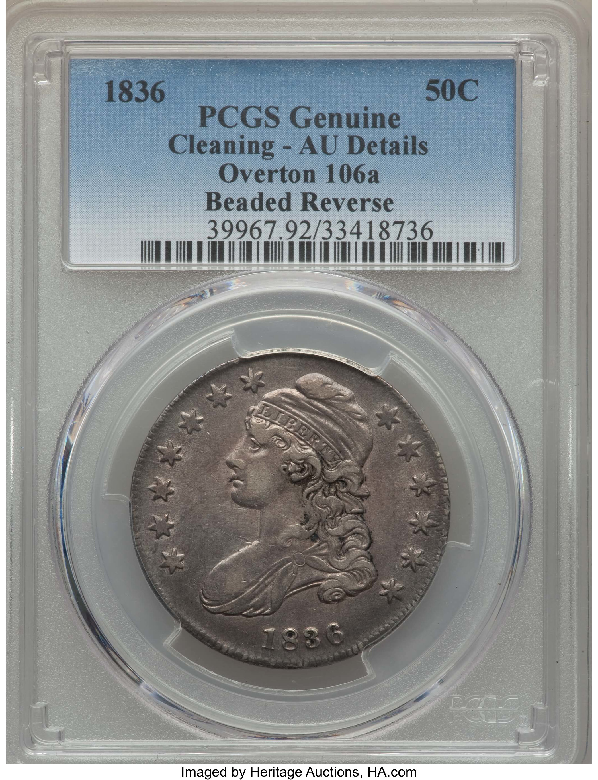 image for: 1836 50C Beaded Reverse, O-106a, R.3, -- Cleaning -- PCGS Genuine. Au Details. NGC Census: (0/7). PCGS Population: (2/11). ...