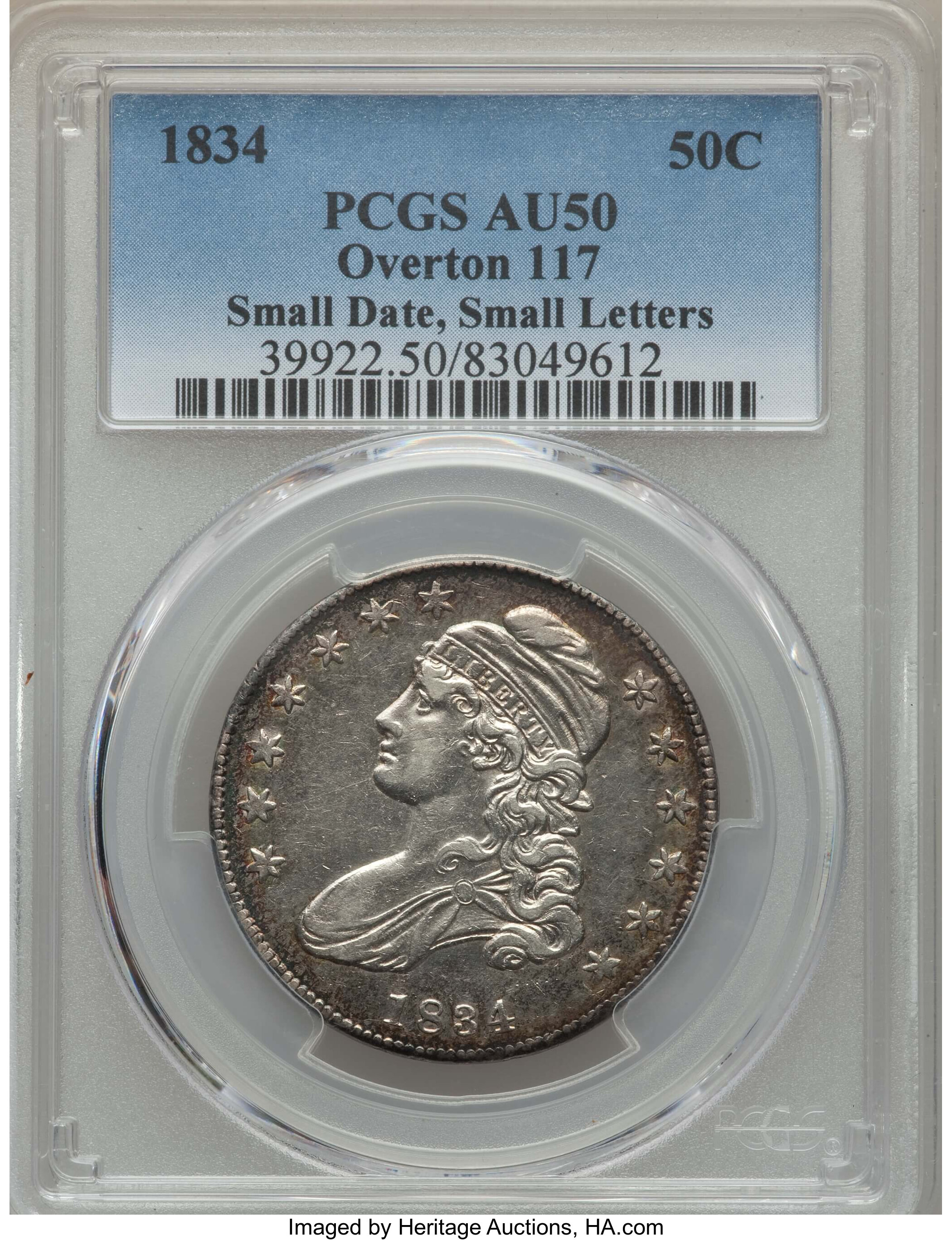 image for: 1834 50C Small Date, Small Letters, O-117, R.2, AU50 PCGS. PCGS Population: (4/7). NGC Census: (1/15). CDN: $300 Whsle. Bid...