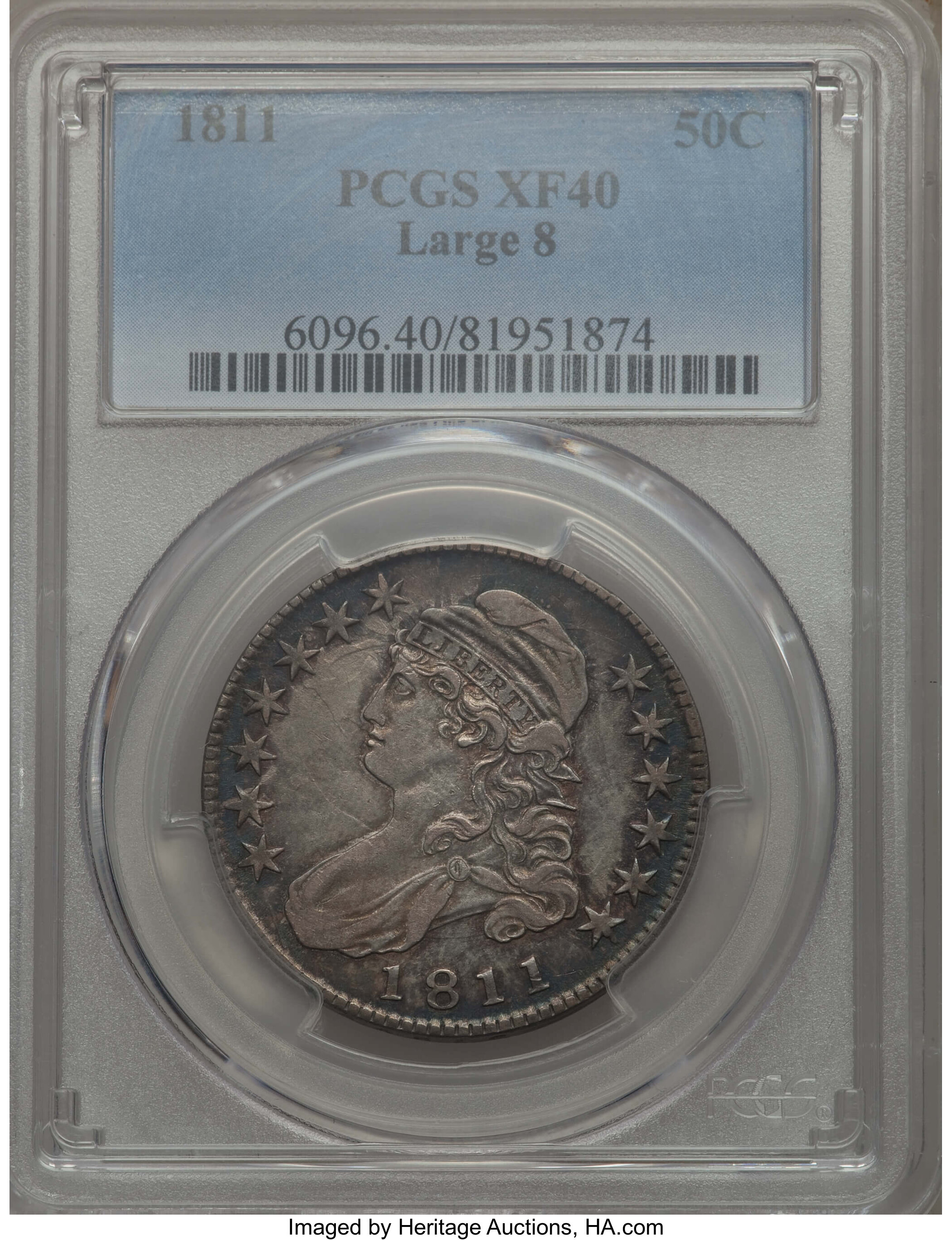 image for: 1811 50C Large 8, O-103, R.3, XF40 PCGS. PCGS Population: (3/10). NGC Census: (0/9). CDN: $130 Whsle. Bid for problem-free ...