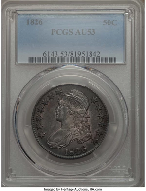 image for: 1826 50C O-110, R.2, AU53 PCGS. PCGS Population: (2/7). NGC Census: (2/18). Mintage 4,000,000. From The Southeast Ka...