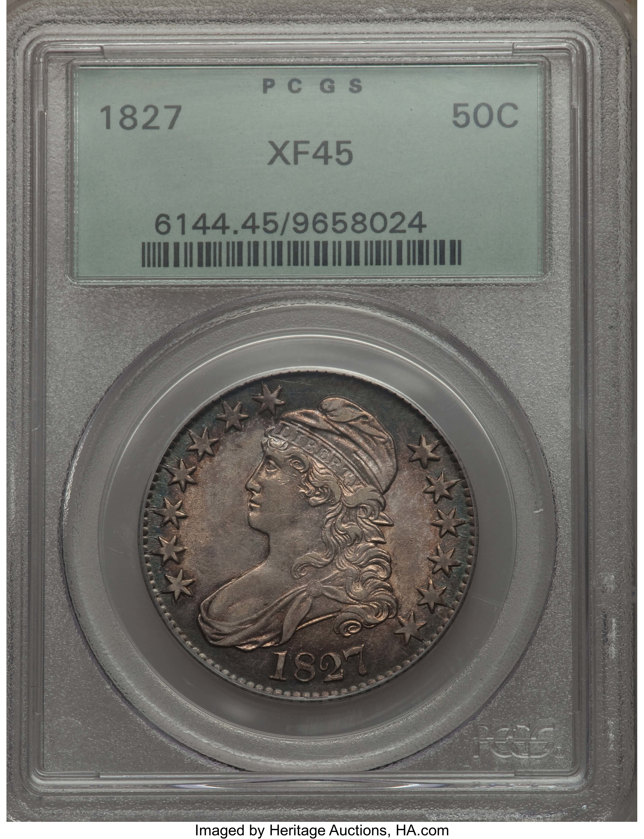 image for: 1827 50C Square Base 2, O-131, R.2, XF45 PCGS. PCGS Population: (2/11). NGC Census: (3/10).  Mintage 5,493,400. From ...