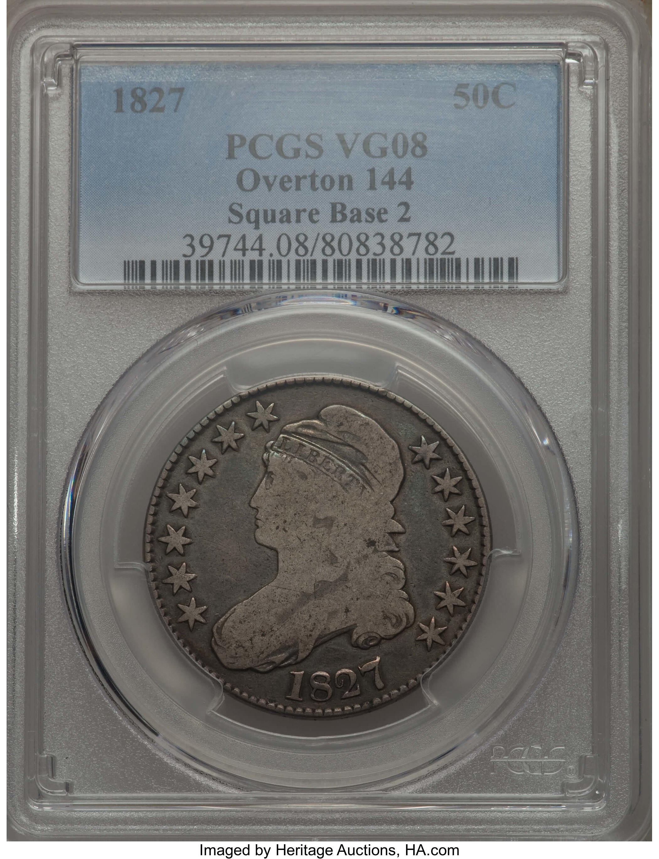 image for: 1827 50C Square Base 2, O-144, High R.5, VG8 PCGS. PCGS Population: (3/12). NGC Census: (0/4). CDN: $62 Whsle. Bid for prob...