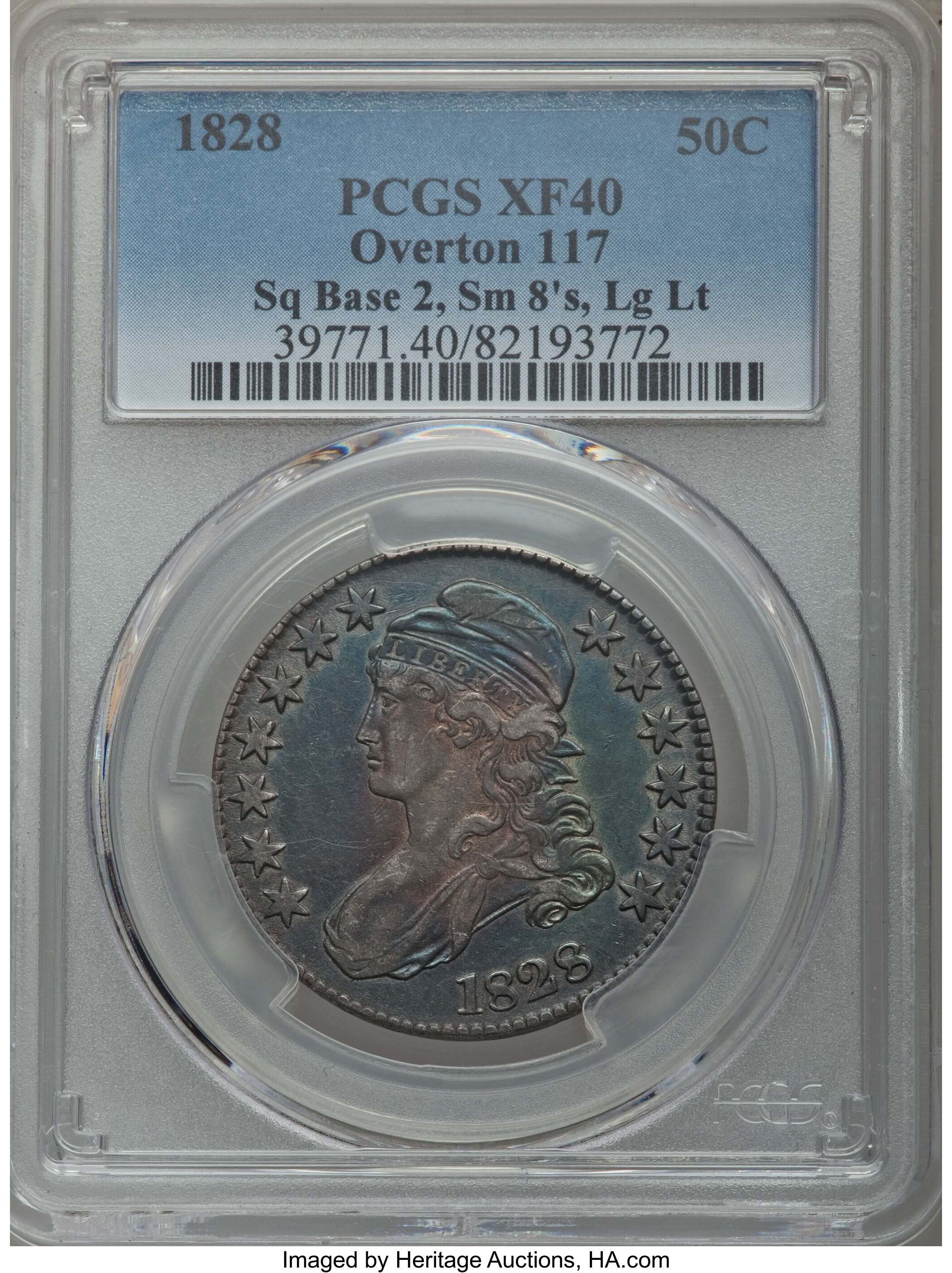 image for: 1828 50C Square Base 2, Small 8s, Large Letters, O-117, R.1, XF40 PCGS. PCGS Population: (3/18). NGC Census: (2/30). CDN: $...
