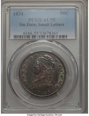 image for: 1834 50C Small Date, Small Letters, O-115, R.2, AU55 PCGS. PCGS Population: (2/3). NGC Census: (3/7). From The South...