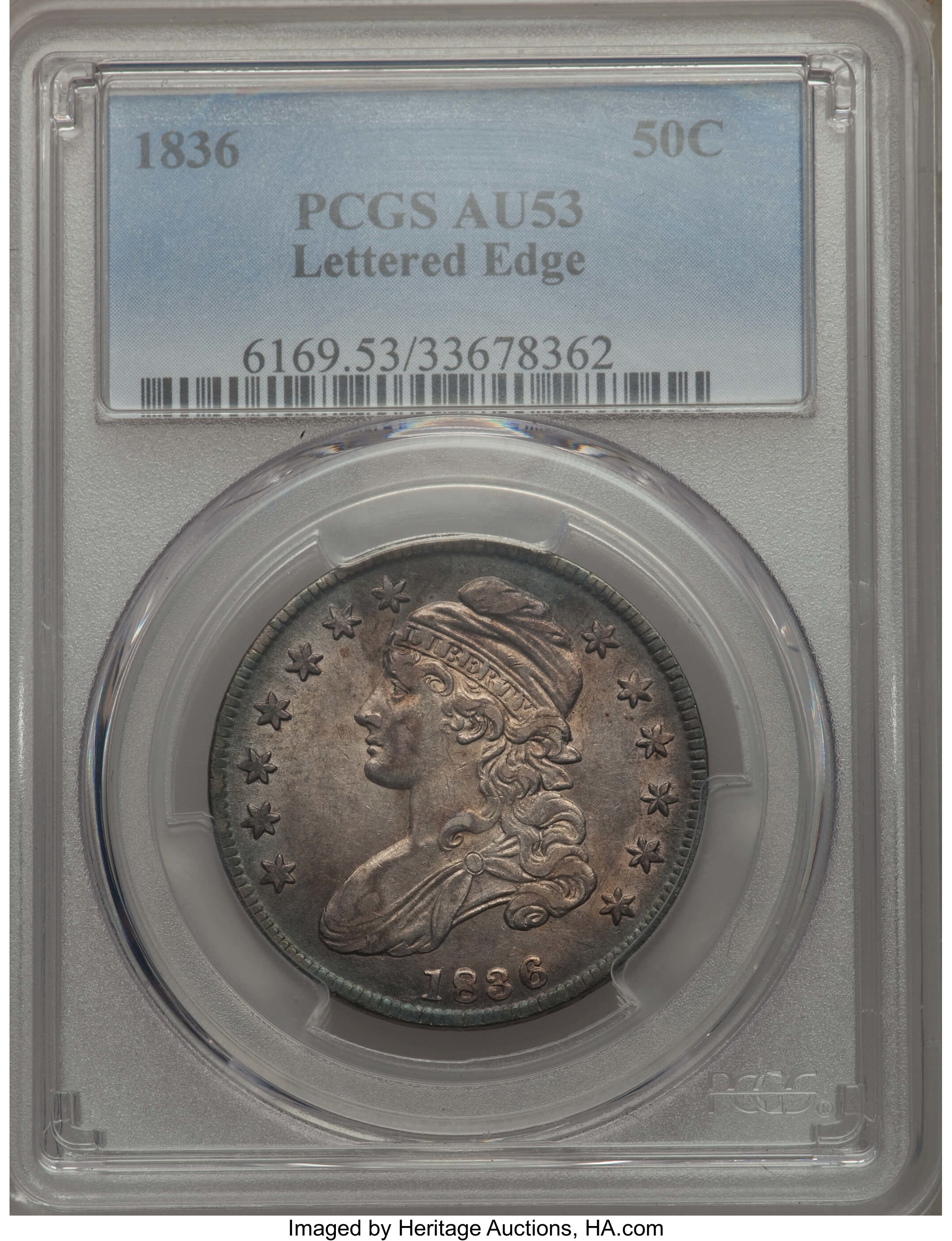image for: 1836 50C Lettered Edge, O-115, R.3, AU53 PCGS. PCGS Population: (0/4). NGC Census: (1/9).  From The Southeast Kansas ...