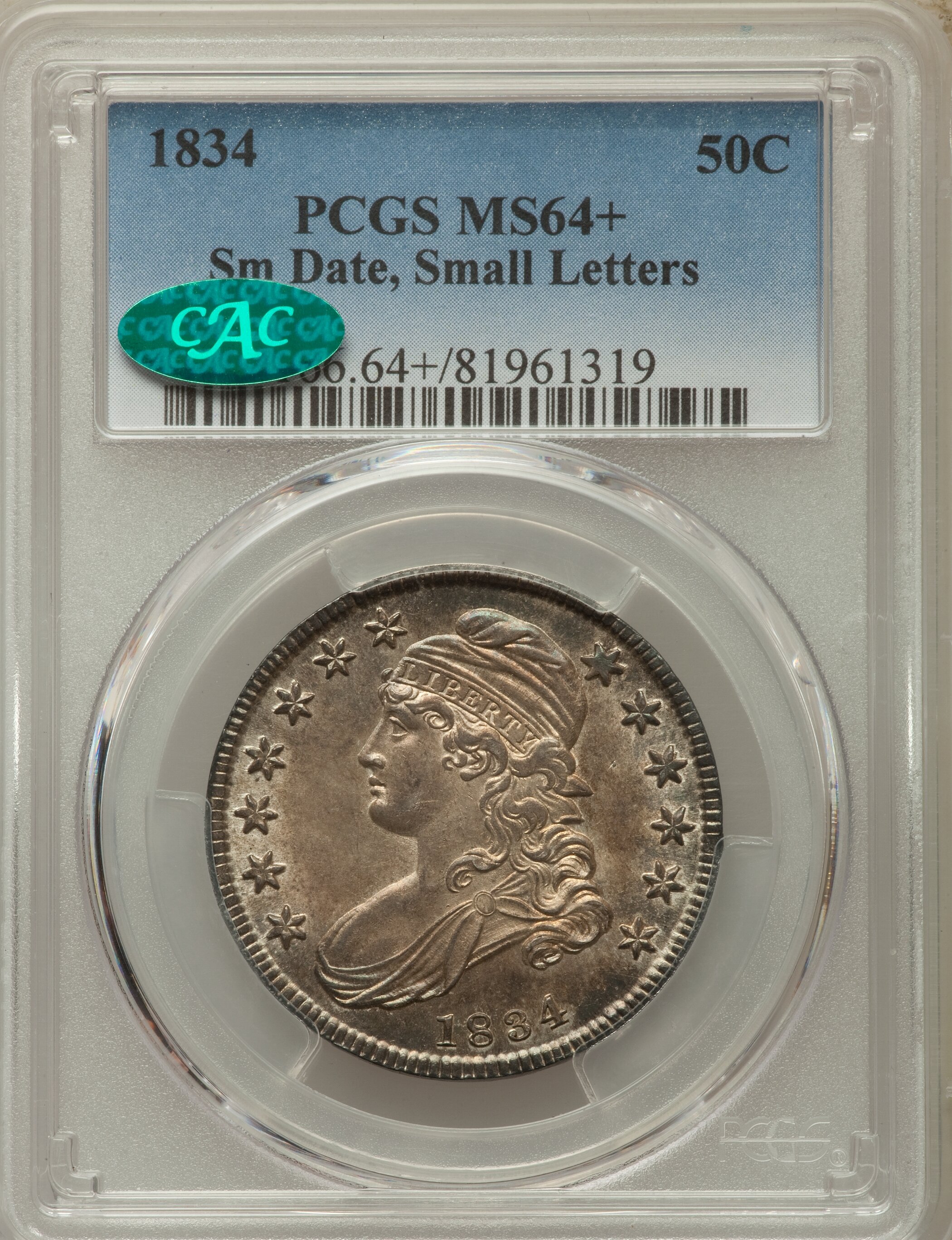 image for: 1834 50C Small Date, Small Letters, O-109, R.1, MS64+ PCGS. CAC....