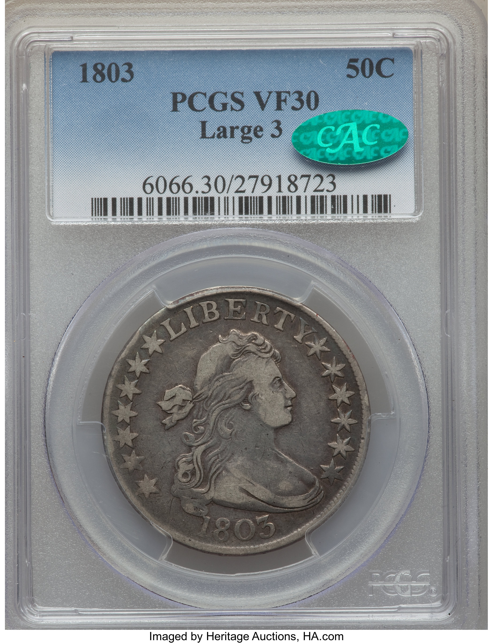 image for: 1803 50C Large 3, Large Reverse Stars, O-103, T-3, R.3, VF30 PCGS. CAC....