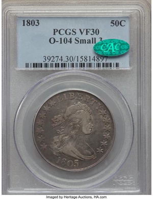 image for: 1803 50C Small 3, Large Reverse Stars, O-104, T-4, R.3, VF30 PCGS. CAC....