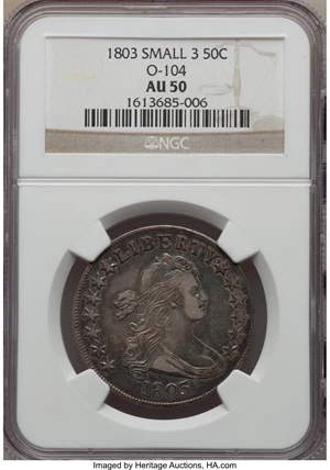 image for: 1803 50C Small 3, Large Reverse Stars, O-104, T-4, R.3, AU50 NGC....