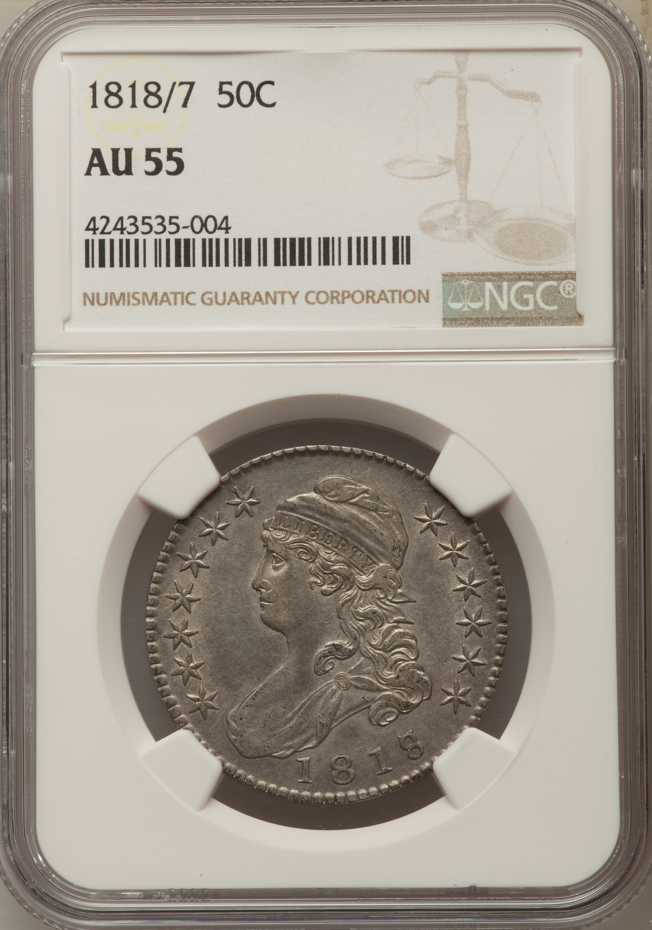 image for: 1818/7 50C Large 8, O-101, R.1, AU55 NGC....