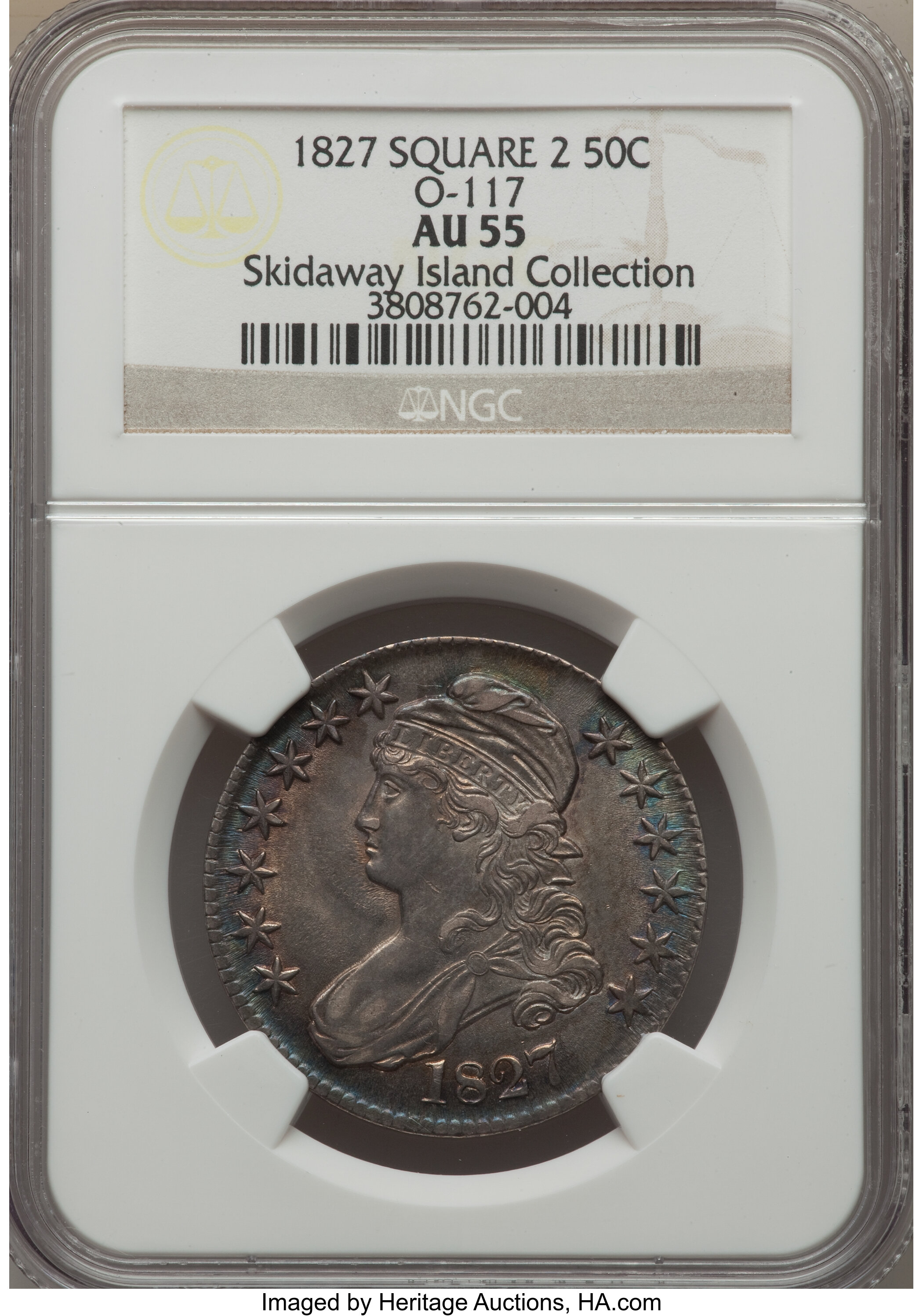 image for: 1827 50C Square Base 2, O-117, R.3, AU55 NGC. Ex: Skidaway Island Collection. NGC Census: (5/6). PCGS Population: (3/7).  M...