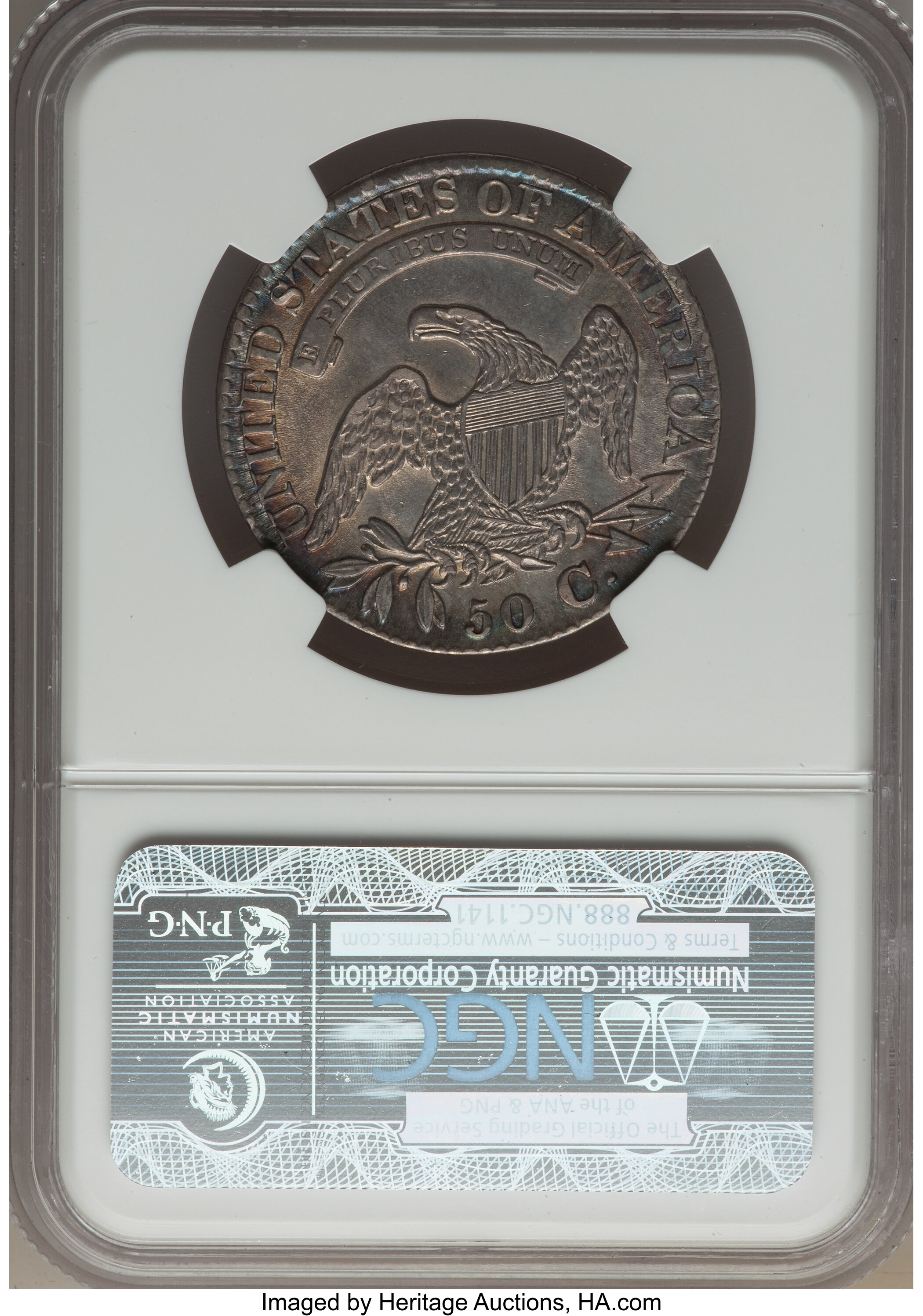 image for: 1827 50C Square Base 2, O-117, R.3, AU55 NGC. Ex: Skidaway Island Collection. NGC Census: (5/6). PCGS Population: (3/7).  M...