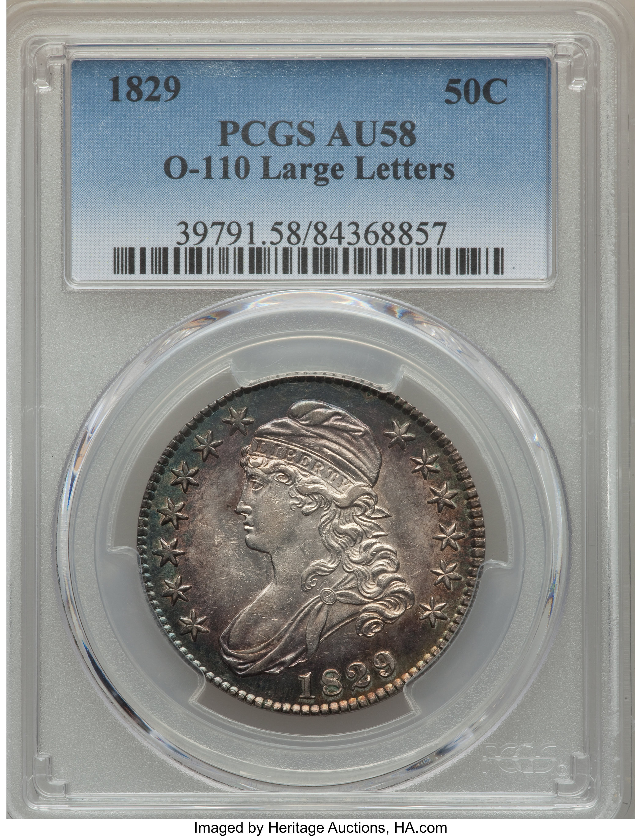 image for: 1829 50C Large Letters, O-110, R.2, AU58 PCGS. PCGS Population: (2/5). NGC Census: (2/6). CDN: $825 Whsle. Bid for problem-...