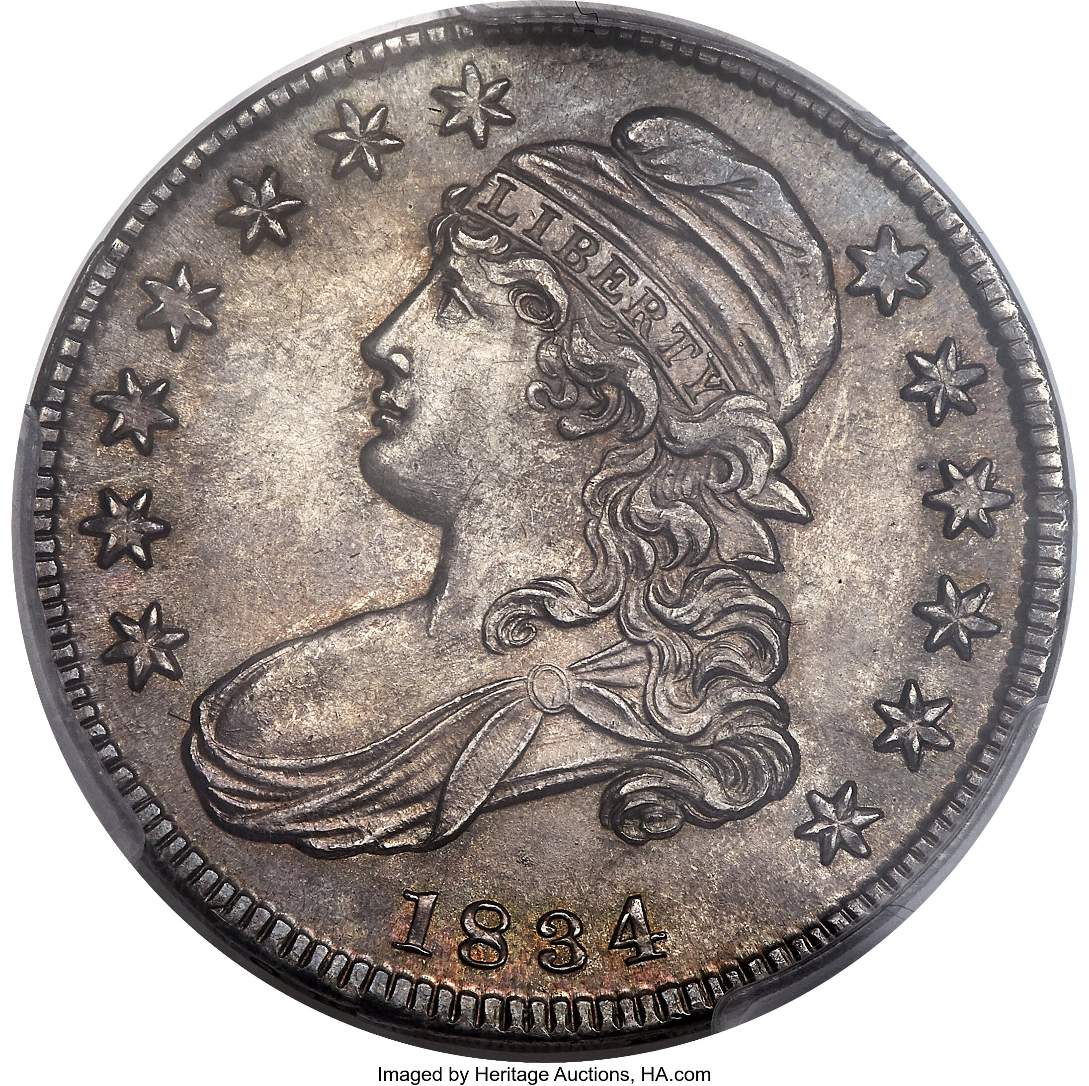 image for: 1834 50C Small Date, Small Letters, O-109, R.1, MS64+ PCGS....
